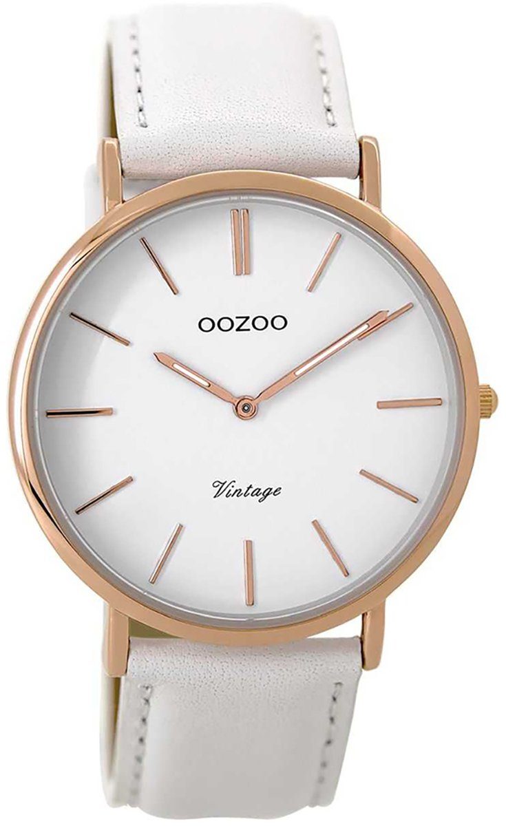 OOZOO Quarzuhr Oozoo Damen Armbanduhr weiß, Damenuhr rund, groß (ca. 40mm), Lederarmband weiß, Fashion