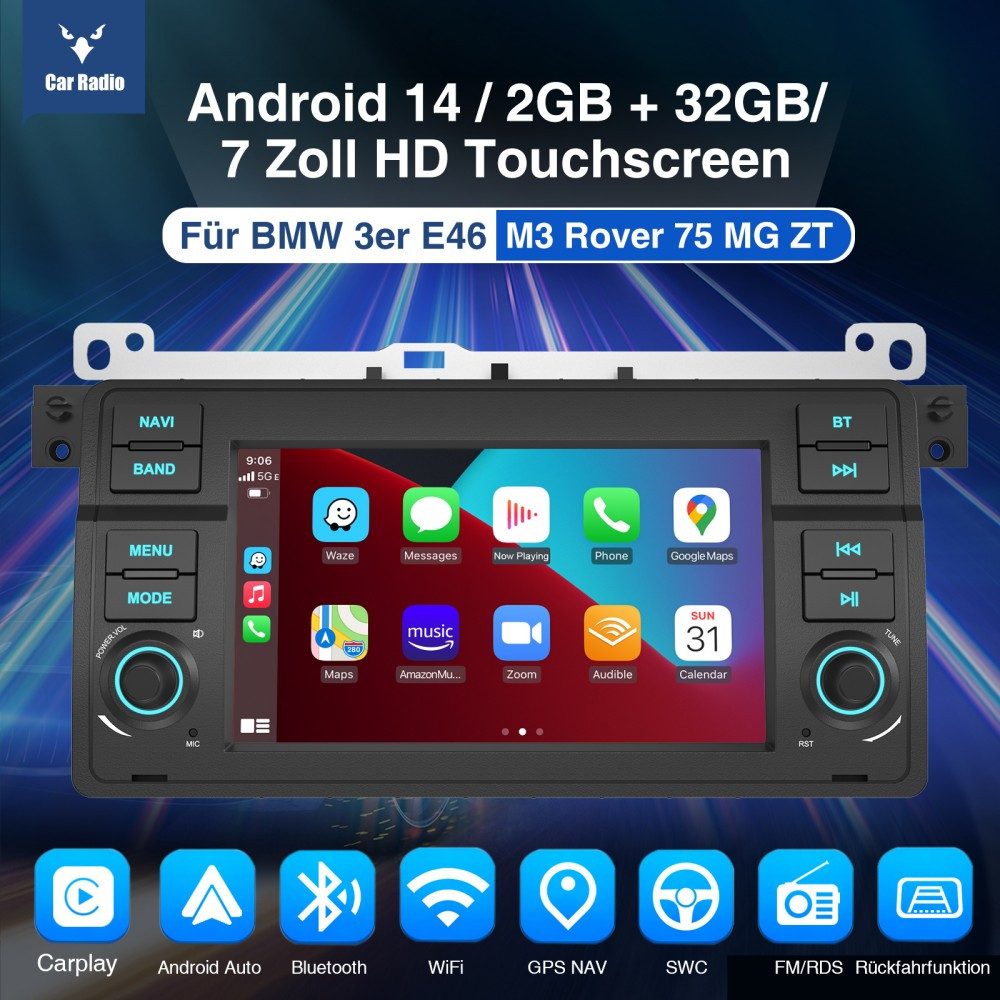 ESSGOO 7" Android 14 Für BMW E46 3er 318 320 325 M3 Rover 75 MGZT GPS Navi Autoradio (DAB+ (optional), FM, RDS, 2+64GB(optional), Wireless Carplay Android Auto Bluetooth EQ USB WIFI Touchscreen SWC)