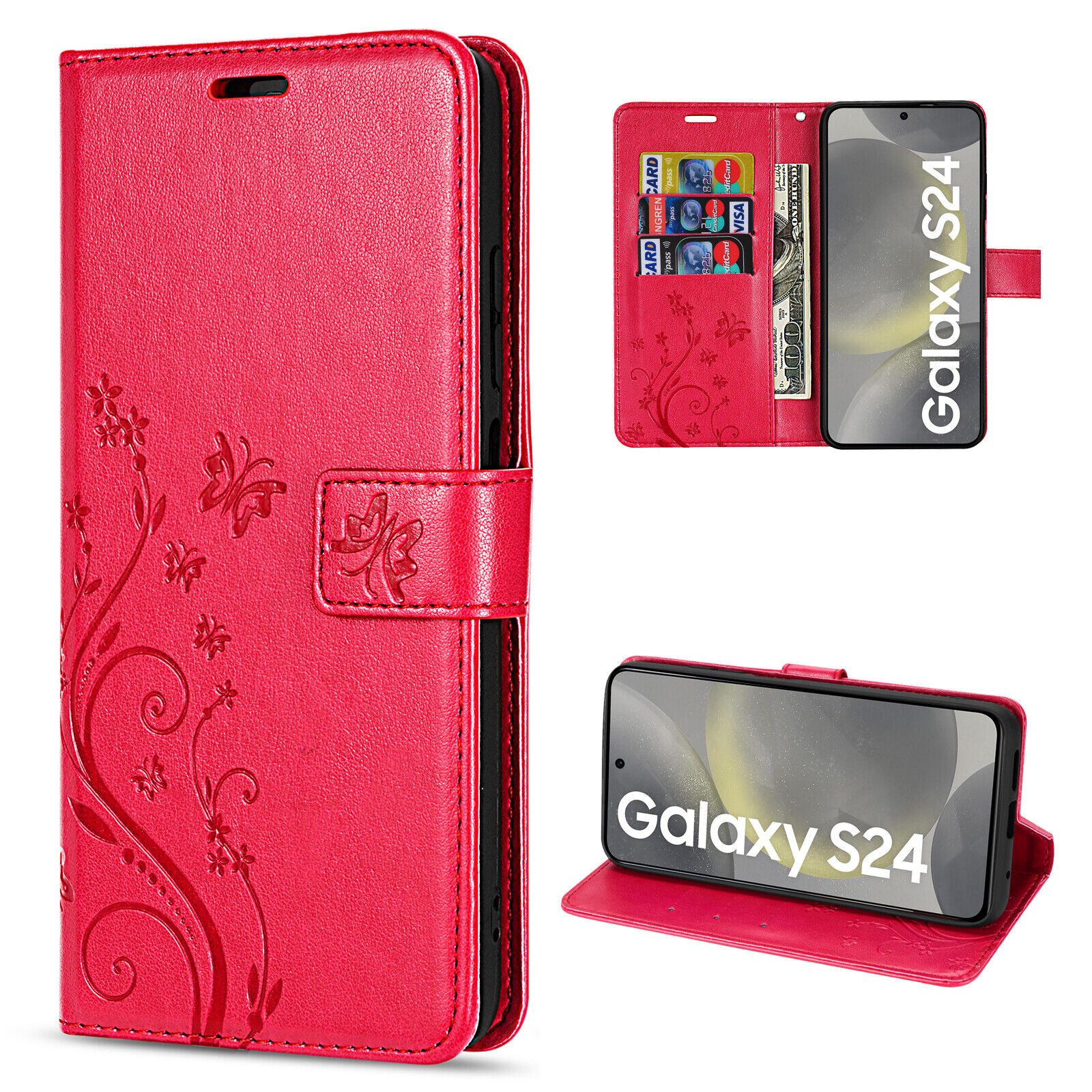 betterfon Handyhülle Handytasche für Samsung Galaxy S24 Klapphülle Rot, Bookstyle-Hülle: Magnetverschluss 3 Kartenfächer & Standfunktion