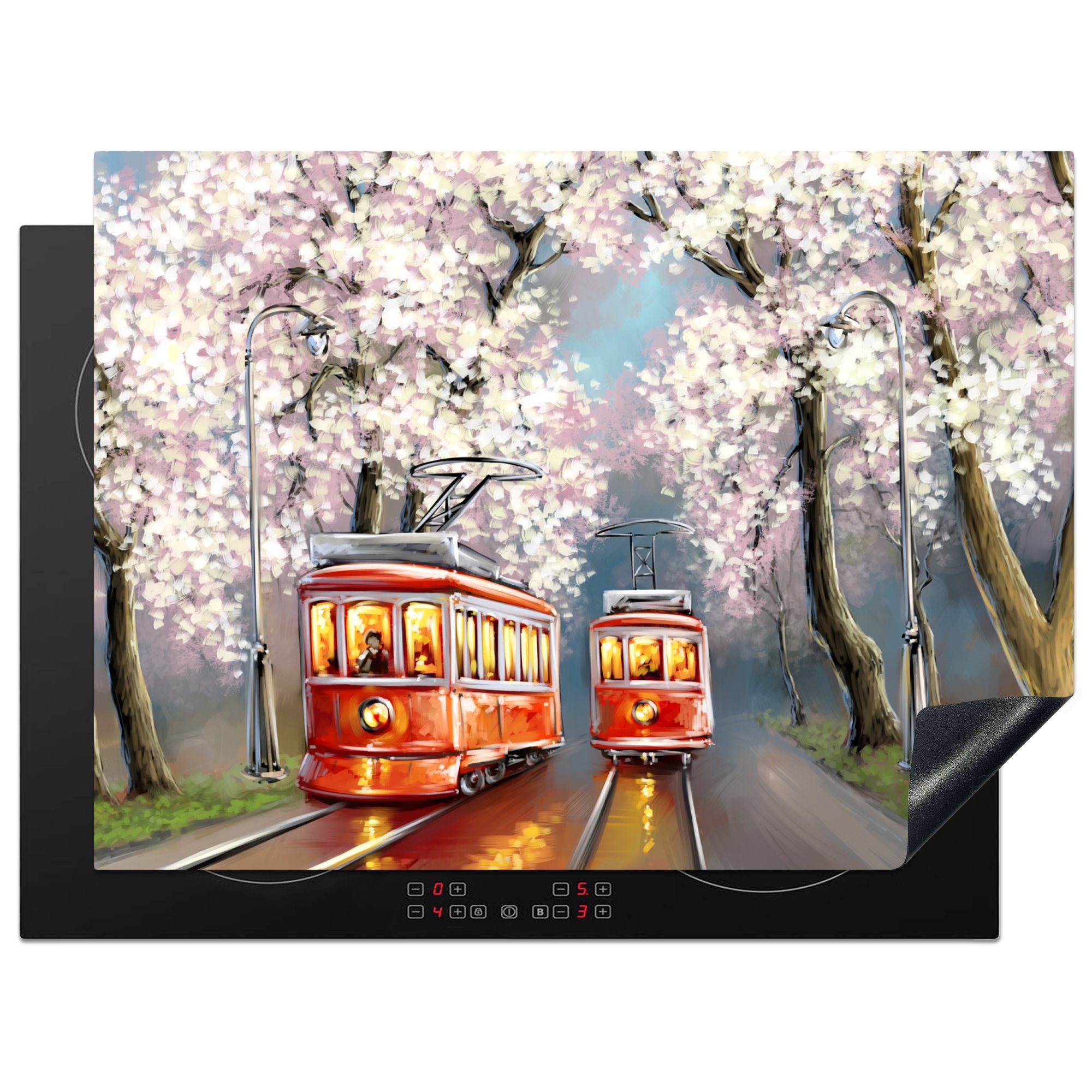MuchoWow Herdblende-/Abdeckplatte Gemälde - Ölgemälde - Straßenbahn - Blühender Baum, Vinyl, (1 tlg), 70x52 cm, Mobile Arbeitsfläche nutzbar, Ceranfeldabdeckung