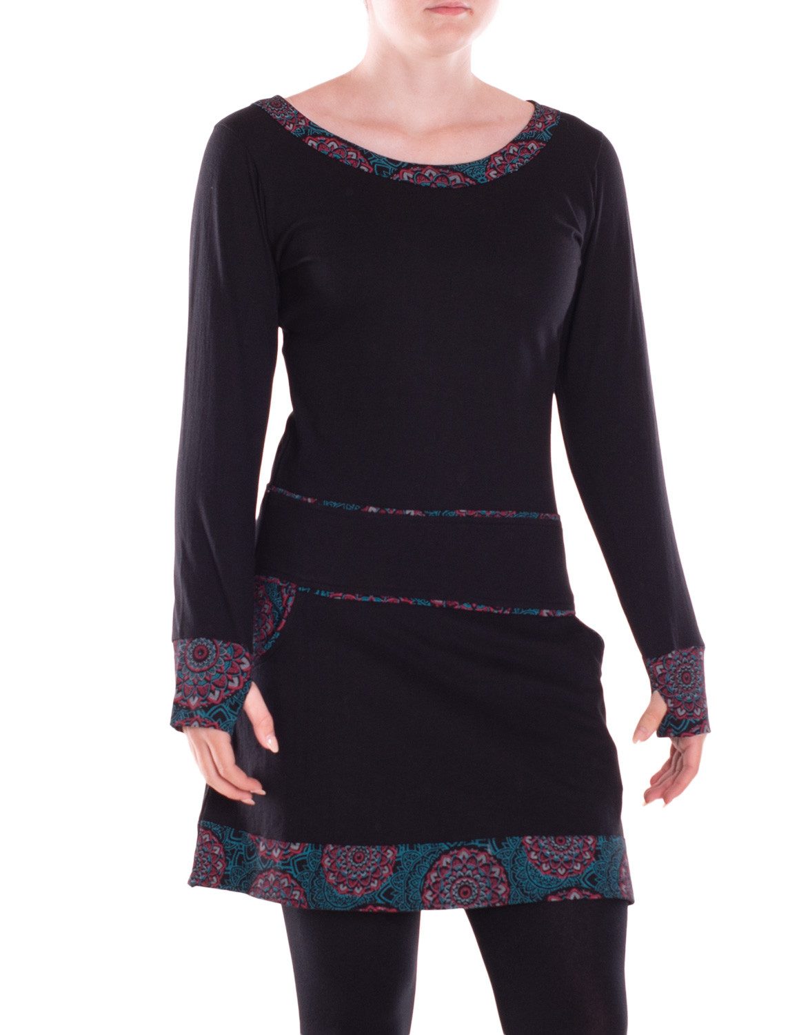 Vishes Minikleid Damen Langarm Kleid Baumwolle Geometrisch mit Taschen Alternative Bekleidung, Ethno, Hippie, Retro Style