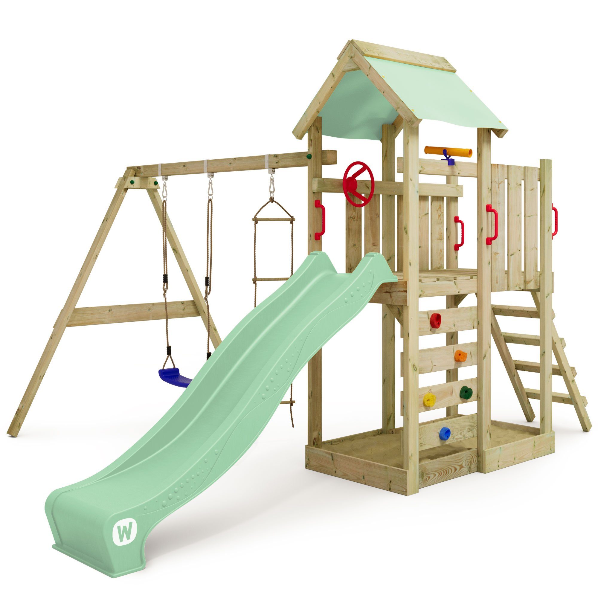 Wickey Spielturm MultiFlyer mit Schaukel & Rutsche und Kletterleiter, 10-Jahre Garantie*, Integrierter Sandkasten, Klettersteine