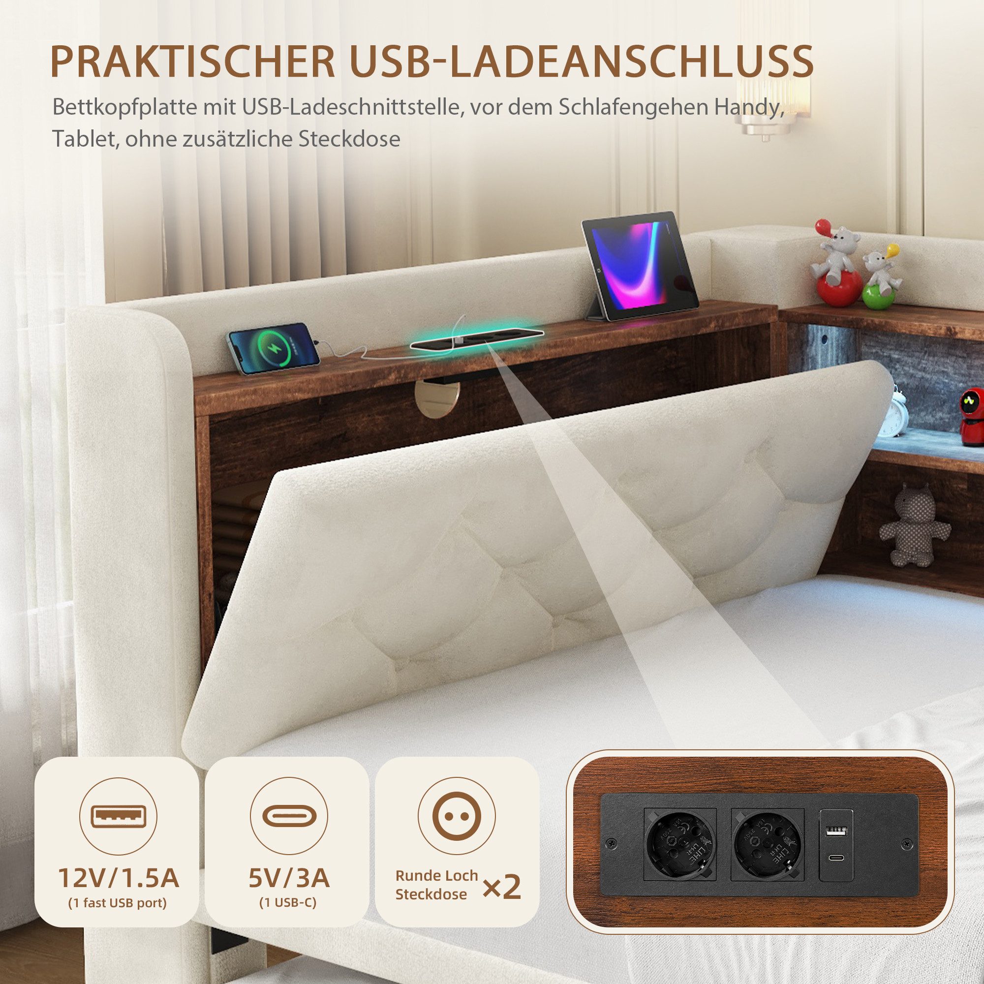 Celya Polsterbett 90x190 cm Schlafsofa Bettgestell ausziehbar, mit Stauraum (ohne Matratze, mit Ablagefläche, LED Licht, USB und Type-C) – Bild 5 von 5