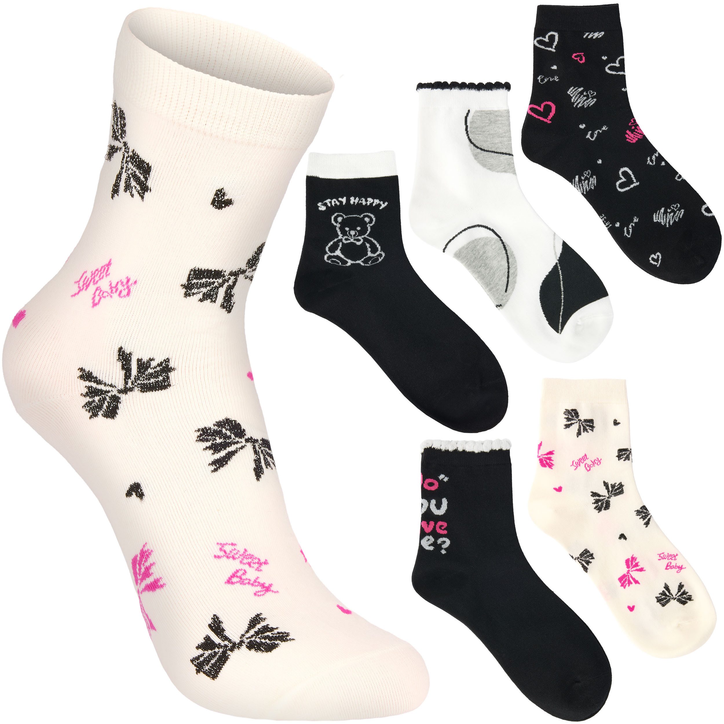 BRUBAKER Носки Lustige Damensocken - Do You Love Me? & Stay Happy (Socken Geschenkset für Frauen, 5-Paar, Kuschelsocken mit Teddys, Herzen, Schleifen) Weiche und Flauschige Sneakersocken