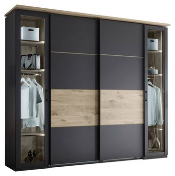 Pol-Power Kleiderschrank SMOOTHY, 4-türig, Anthrazit, Viking Eiche Dekor, Drehtüren mit Glasfronten, B 267 x H 225 x T 61 cm