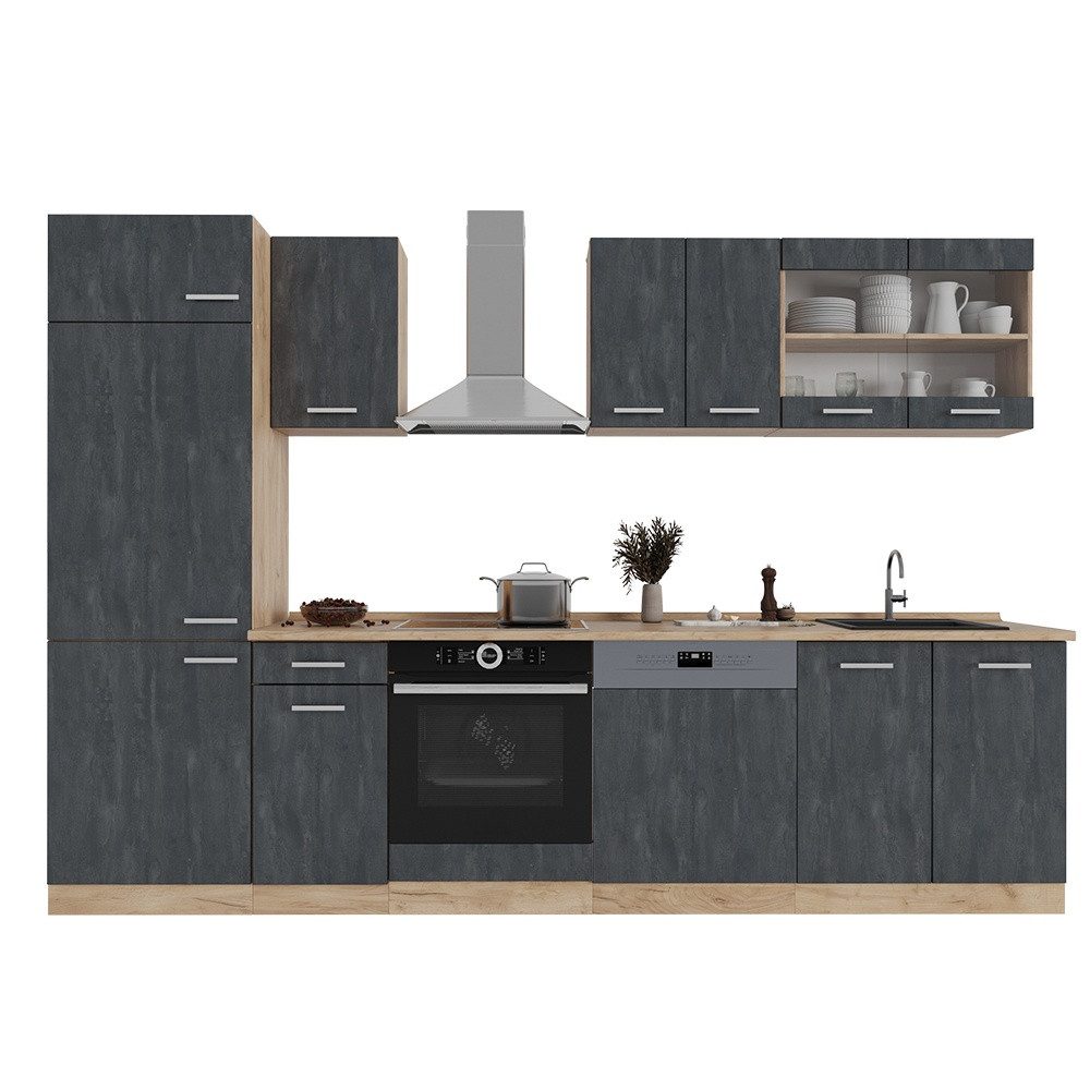 Vicco Küchenzeile R-Line, Schwarz Beton/Goldkraft Eiche, 300 cm AP Eiche