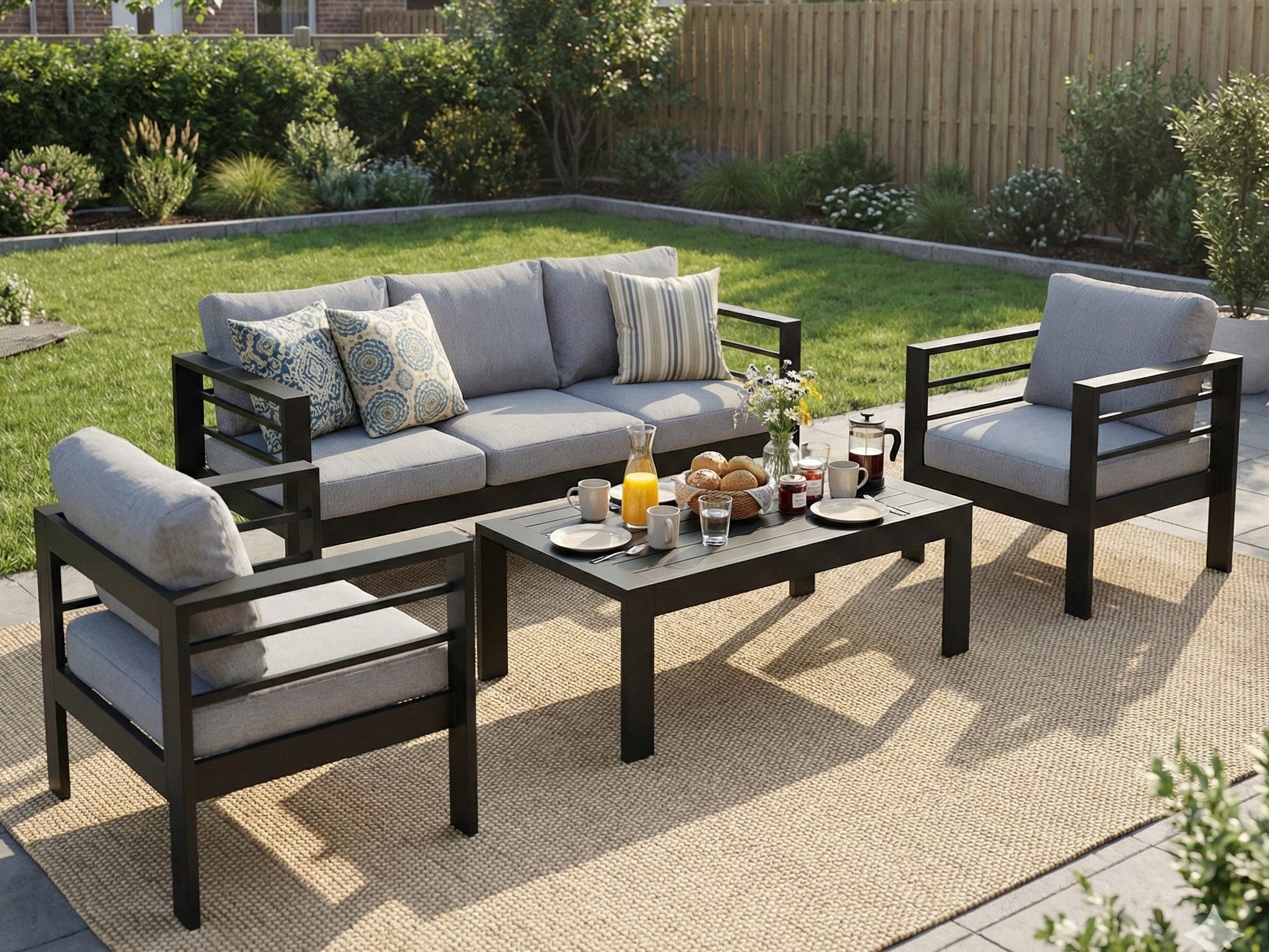 MeXo Gartenlounge-Set XXL Gartenmöbel Set Aluminium Outdoor, (Gartenmöbel Set, 4-tlg., 1×3-Sitzer Sofa, 2×Sessel, 1×Tisch, 10×Auflagen), wetterfest Sitzgruppe Essgruppe Gartengarnitur für 4-5 Personen