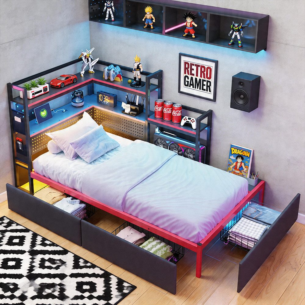 OKWISH Schlafsofa Metallbett Kinderbett, mit LED-Beleuchtung, USB-Anschlüssen und 3 Schubladen – Plattformbett mit Lochwand und Seitenregalen, ohne Matratze, 90x200 cm Jugendbett
