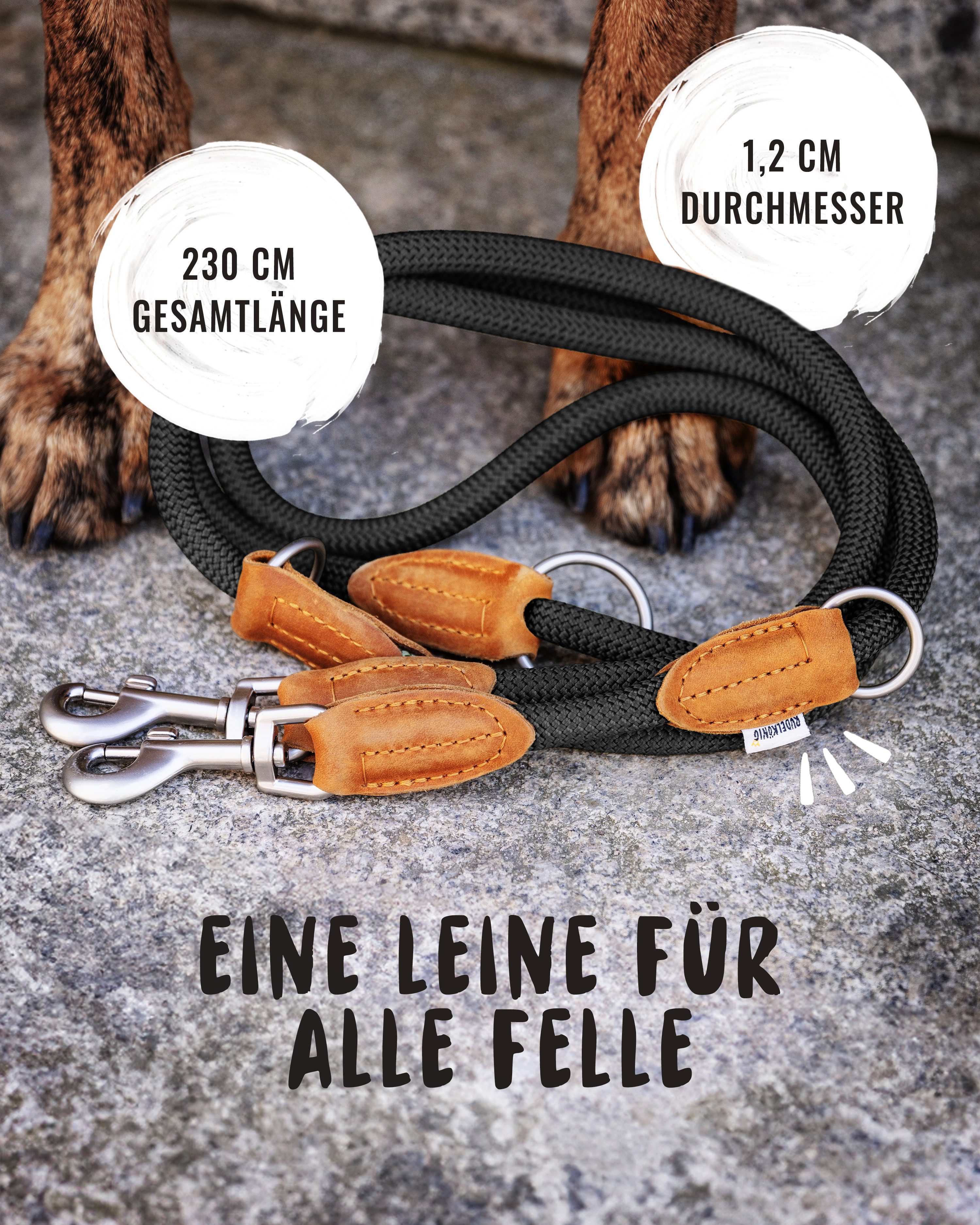 Rudelkönig Hundeleine Hundeleine 2,25m mit Leder, Elegante Führleine für große Hunde, Leder, Polyester (1-tlg), 3-fach verstellbare Tauleine