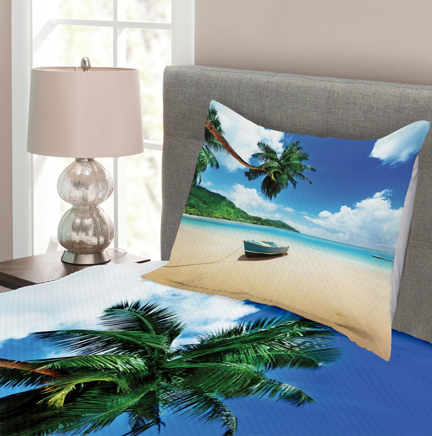 Abakuhaus, Insel Waschbar, Tagesdecke Ozean mit in Kissenbezügen Set Strand am Boot Mahe