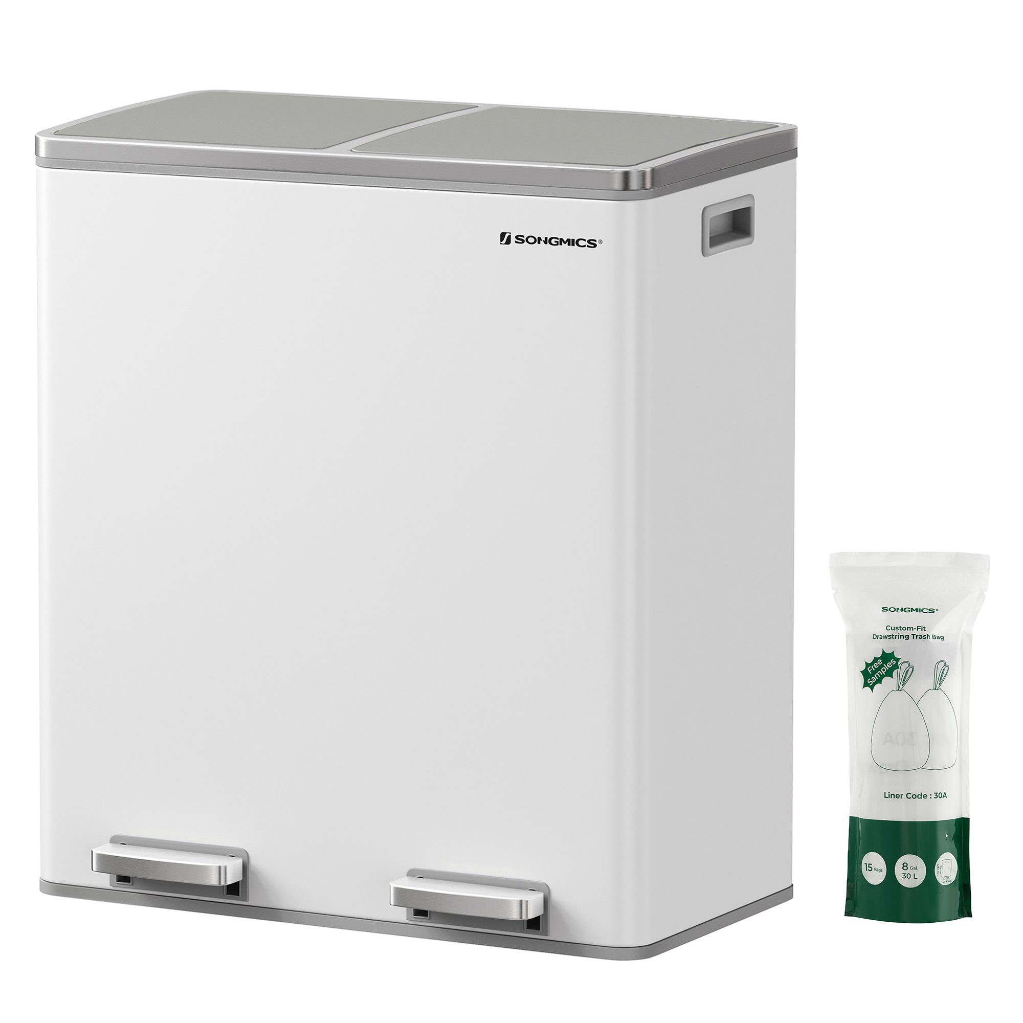 SONGMICS Mülleimer, Mülltrennsystem, mit 2 Fächern, 2 x 30 L, Küche