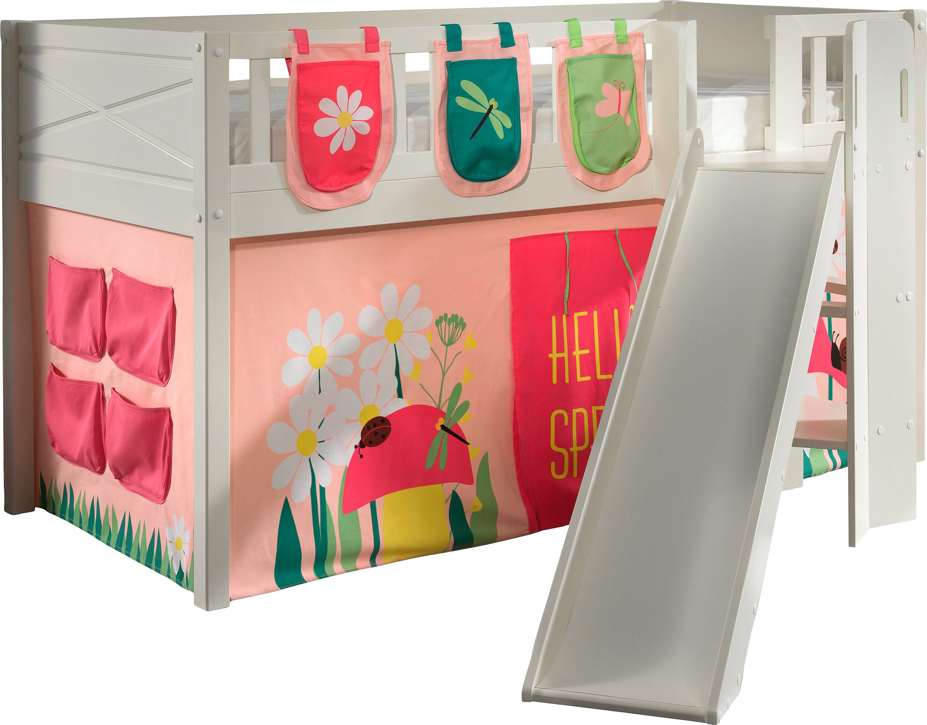 Vipack Hochbett Scott m. Rutsch-/Leiterturm, LF 90x200 cm, Vorhang, Tasche, 4 Designs Rosa mit floralem Muster