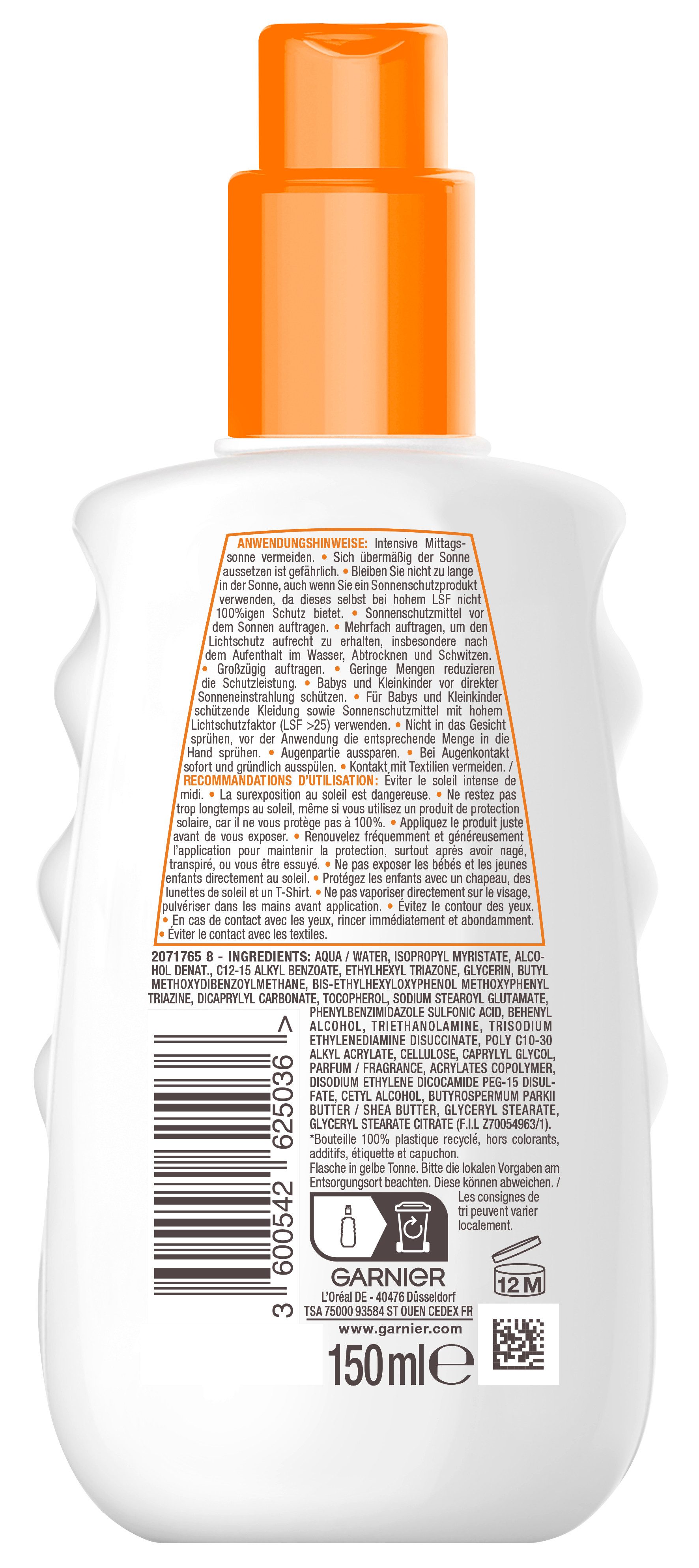 GARNIER Sonnenschutzspray AMBRE SOLAIRE HYDRA 24H PROTECT+ SONNENSCHUTZ-SPRAY LSF 30, Beugt sonnenbedingte Hautalterung vor, wasserfest, zieht schnell ein.