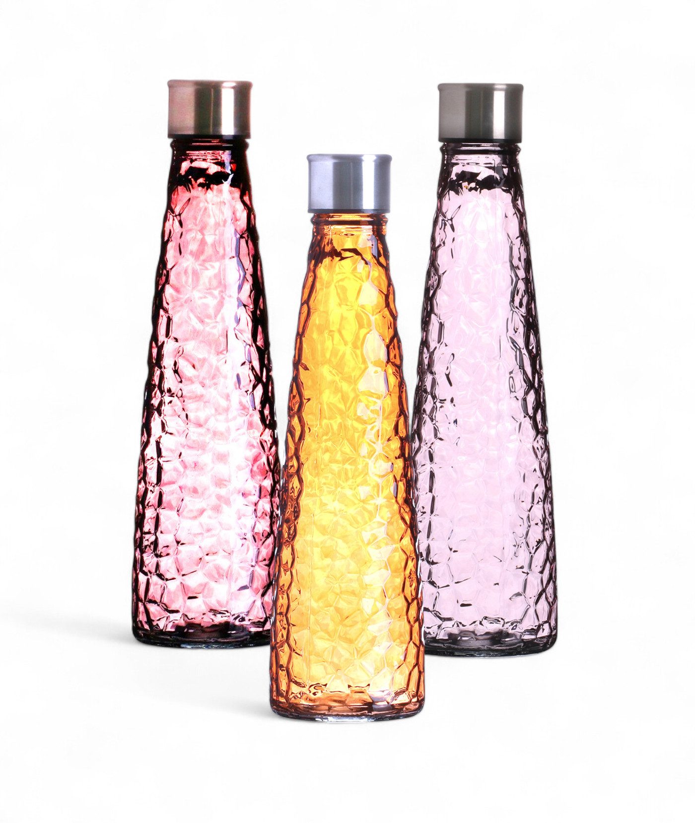 WestCraft Wasserkaraffe Vintage Glas-Wasserflasche 750ml – Diamant oder Linear – Pastellfarben, (3-tlg), Einzeln oder im Set – luftdicht, wiederverwendbar, stylisch & stilvoll