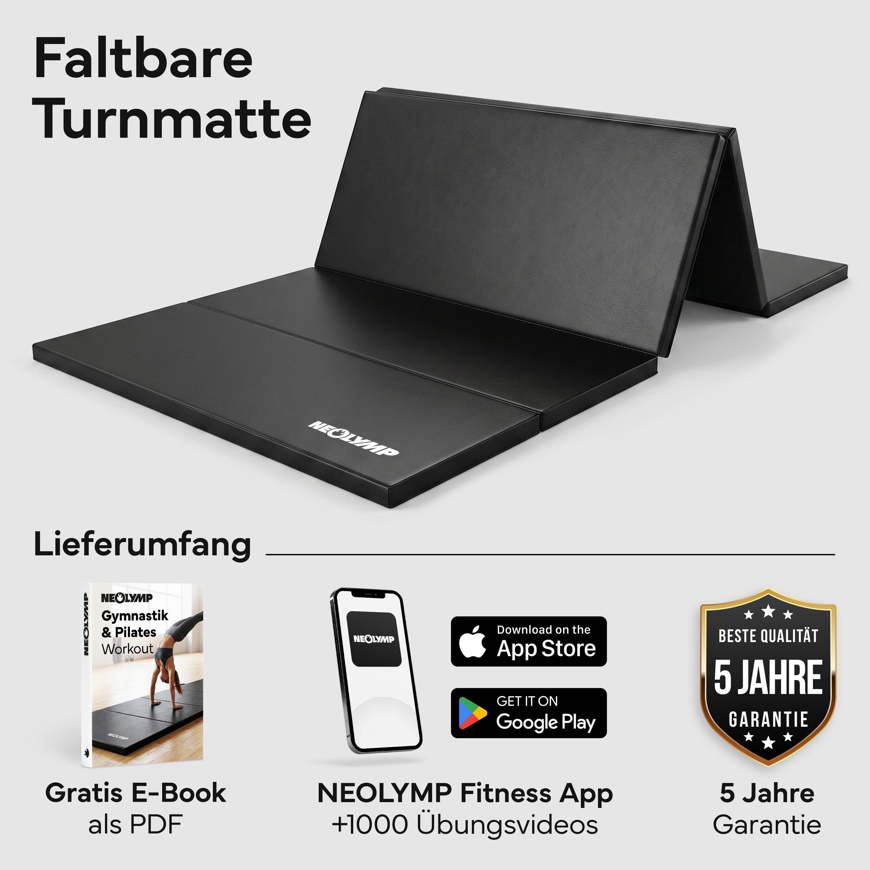 NEOLYMP Sportmatte Klappbare Turnmatte & Gymnastikmatte mit Klett und PU-Bezug, Klappbar, platzsparend und mit Tragegriff