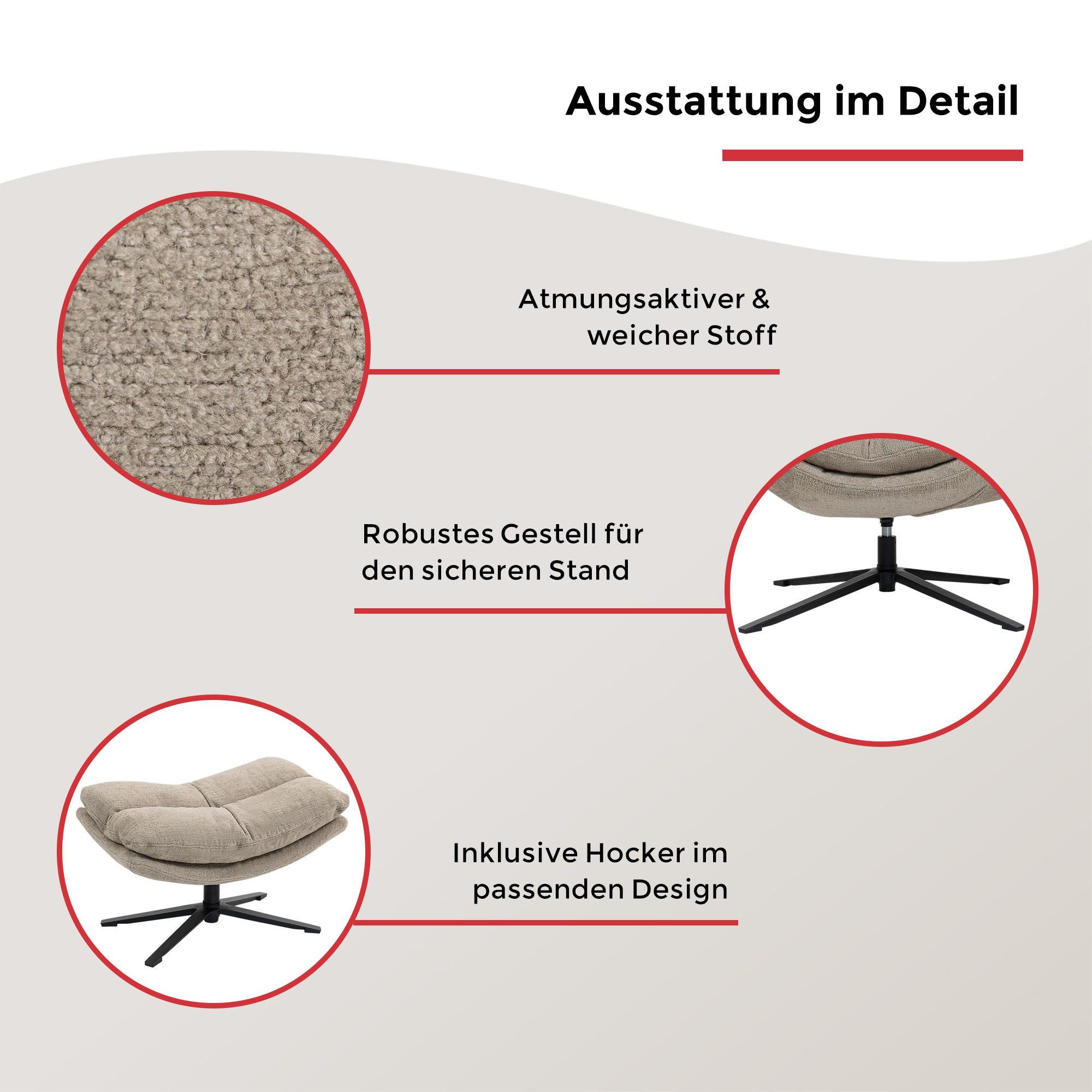 Duo Collection Relaxsessel Porto, 360° drehbar, doppelte Polsterung, mit Hocker, bis 115 kg belastbar