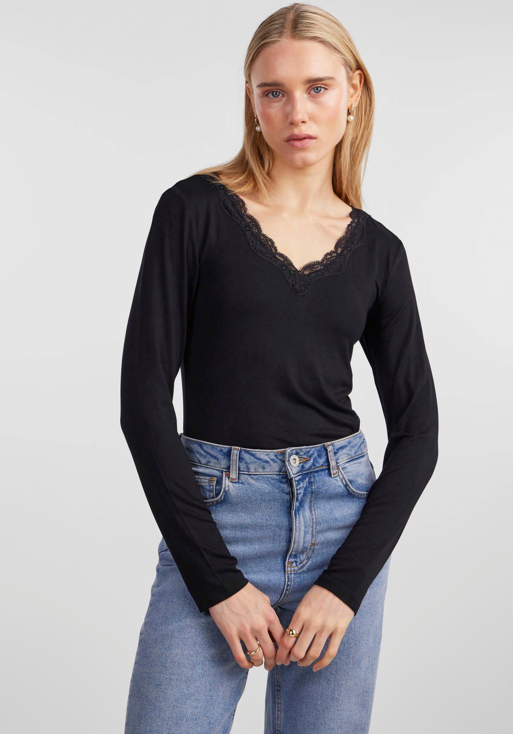 Wir bieten supergünstige Preise pieces V-Shirt PCBARBERA LS BC TOP LACE Black NOOS