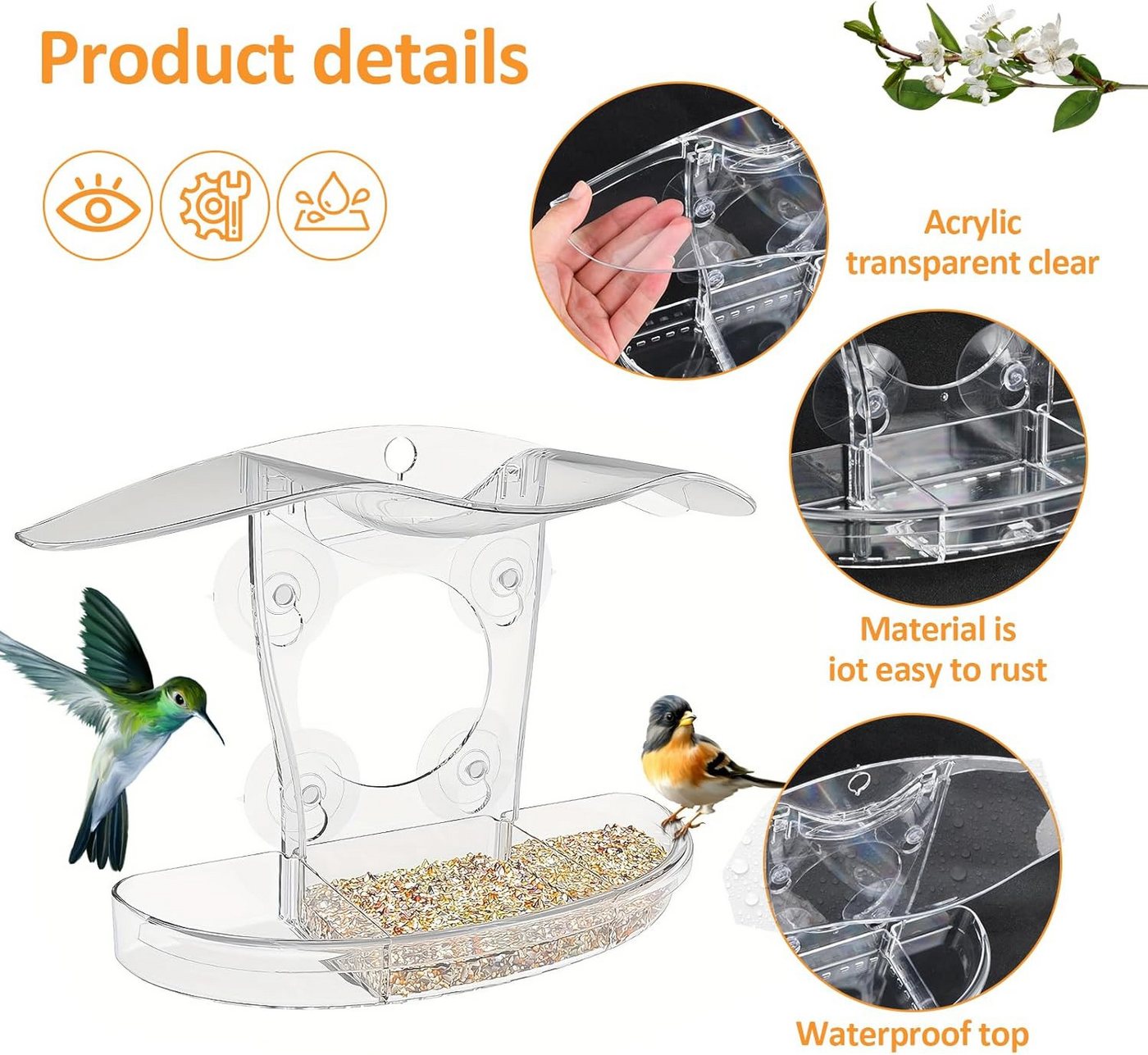 Thumbnail - BlingBin Vogelhaus Vogelfutterhaus, Vogelfutterspender Aus Acryl mit 4 Saugnäpfen, Transparent Futterstation Vögel mit L...