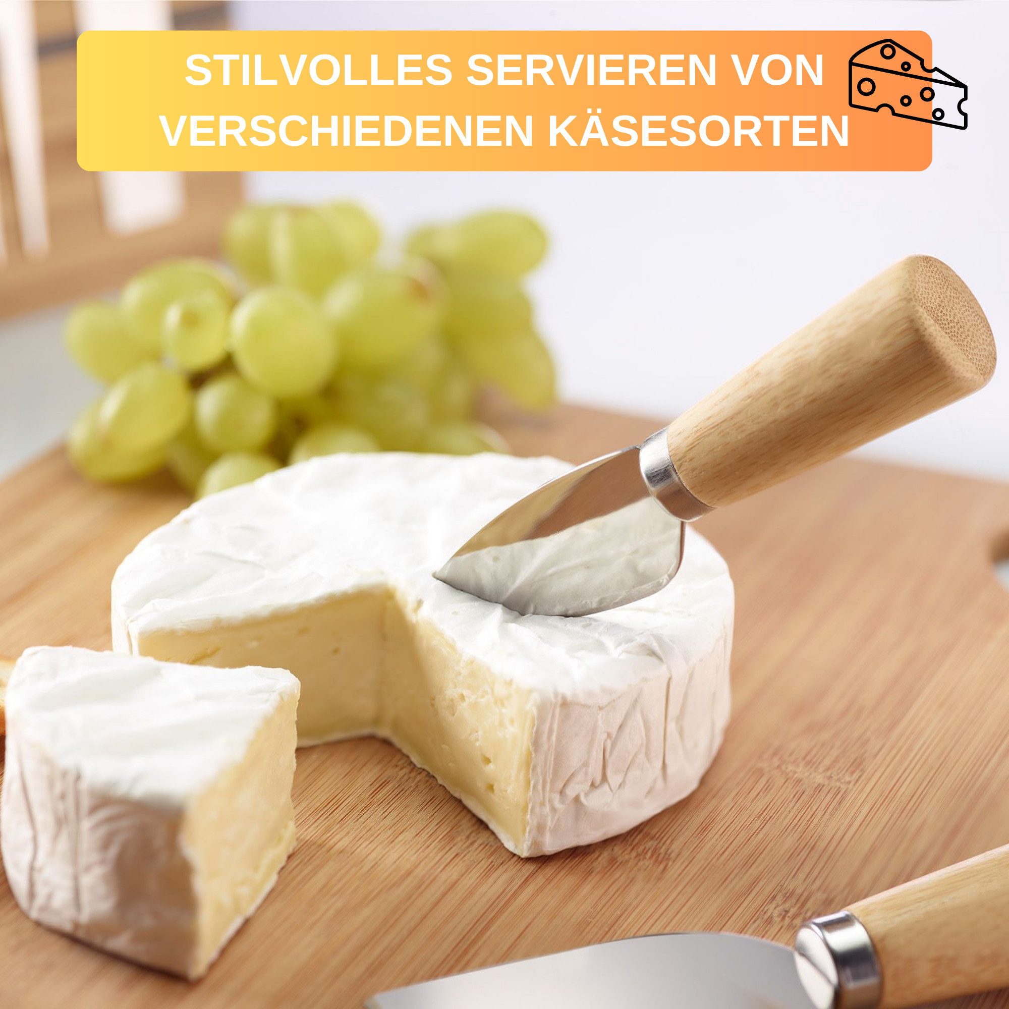 Thiru Käsemesser 5-teiliges Set inkl. dekorativer Bambus Halterung, 5-tlg. Set, Holzgriff, Edelstahl Klingen, Bambus Halterung – Bild 5 von 5
