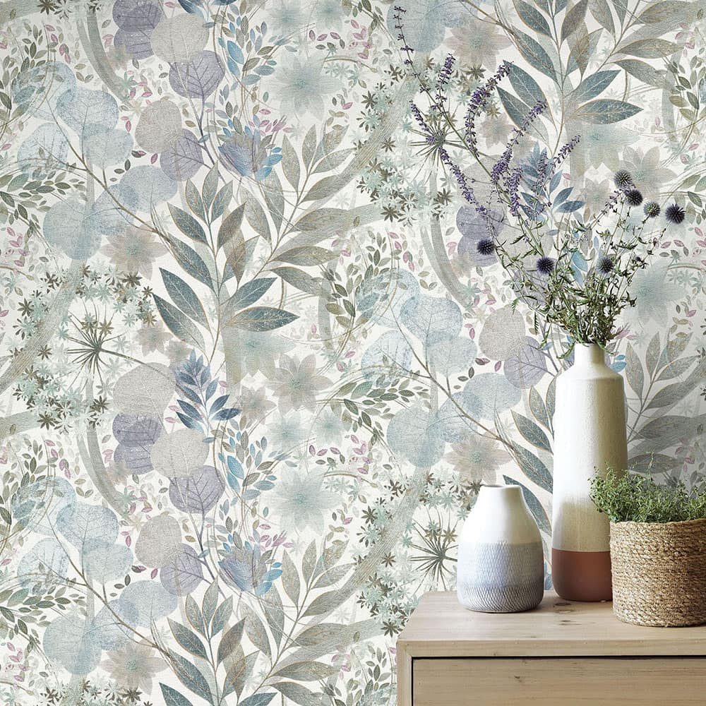 Erismann Vliestapete Blumen Blätter Aquarelloptik Weiß Grün Blau 10506-24