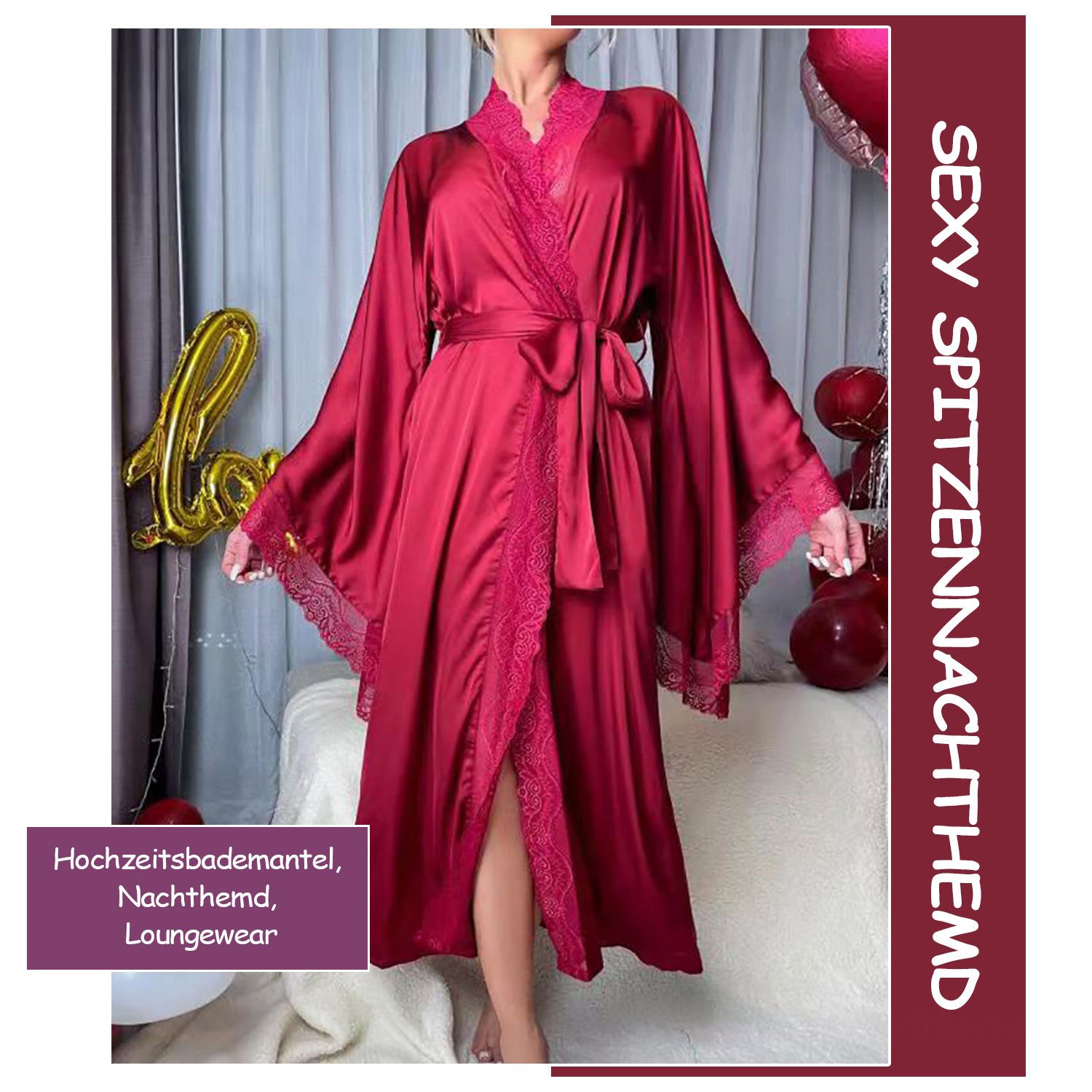 Refttenw Pyjama Satin Bademantel,V-Ausschnitt Nachthemd,Spitze Nachtkleid,m günstig online kaufen
