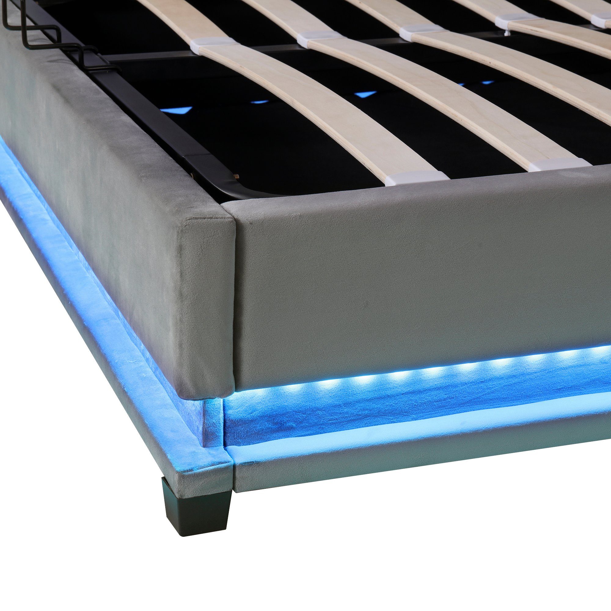 Flieks Polsterbett, grau LED hydraulisches Doppelbett Beleuchtung 140x200cm Samt