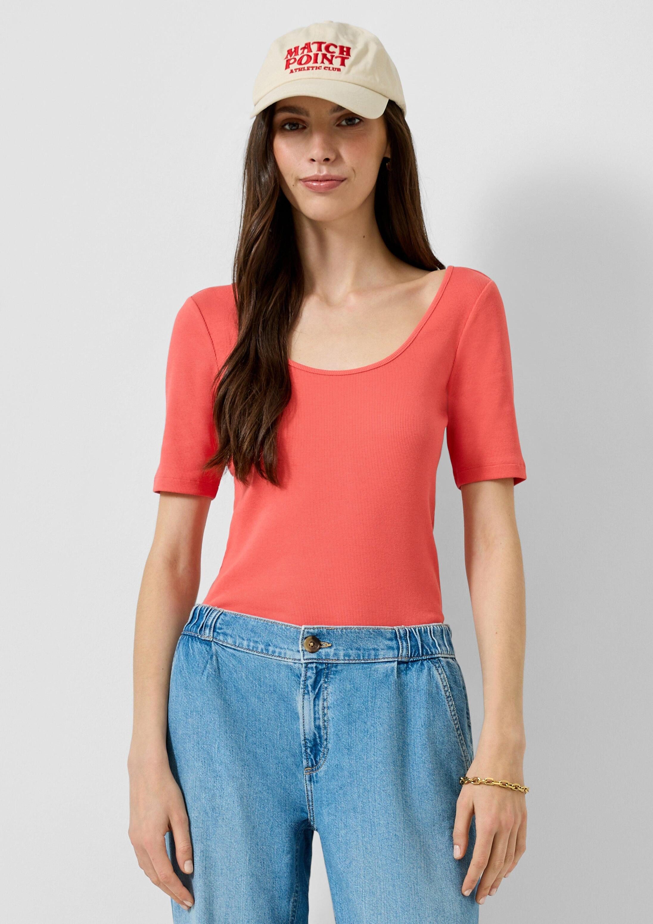 QS Kurzarmshirt T-Shirt Geripptes Halbarmshirt