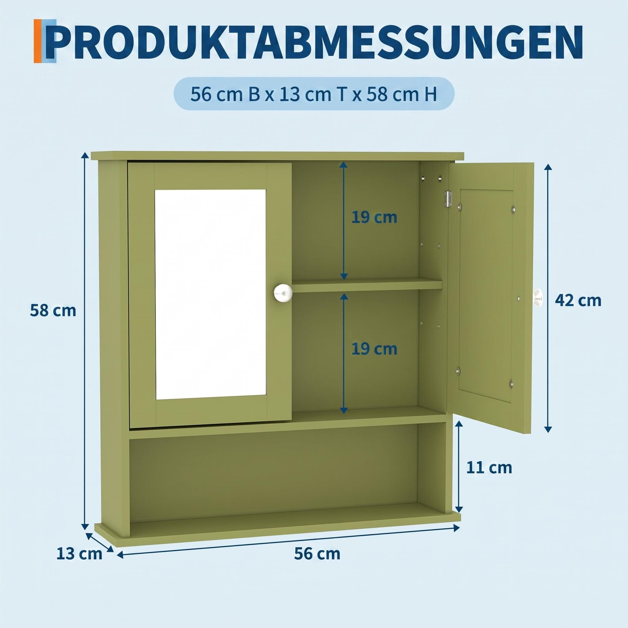 GarveeMore Badezimmerspiegelschrank mit 2 Tür, 1 offenes + 2 versteckte Fächer verstellbarem Boden, Magnetschnapper, grün/weiß – Bild 3 von 5