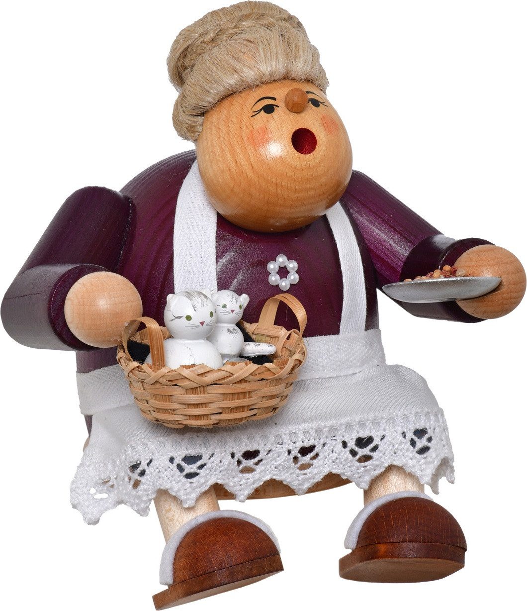 KWO Kunstgewerbe Werkstätten Räuchermännchen KWO Räuchermann Kantenhocker Katzenoma, (1 St), Handarbeit aus dem Erzgebirge