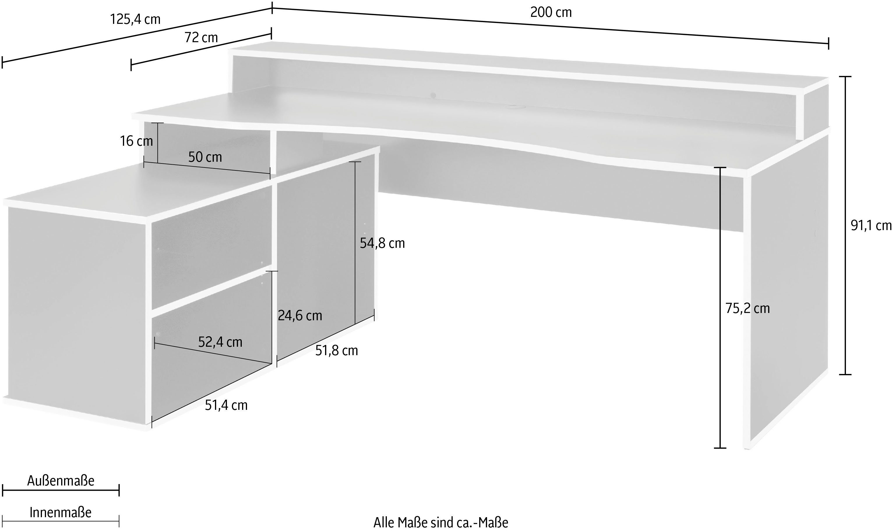 FORTE Gamingtisch Tezaur, mit RGB-Beleuchtung, Breite 200 cm, Eckschreibtisch