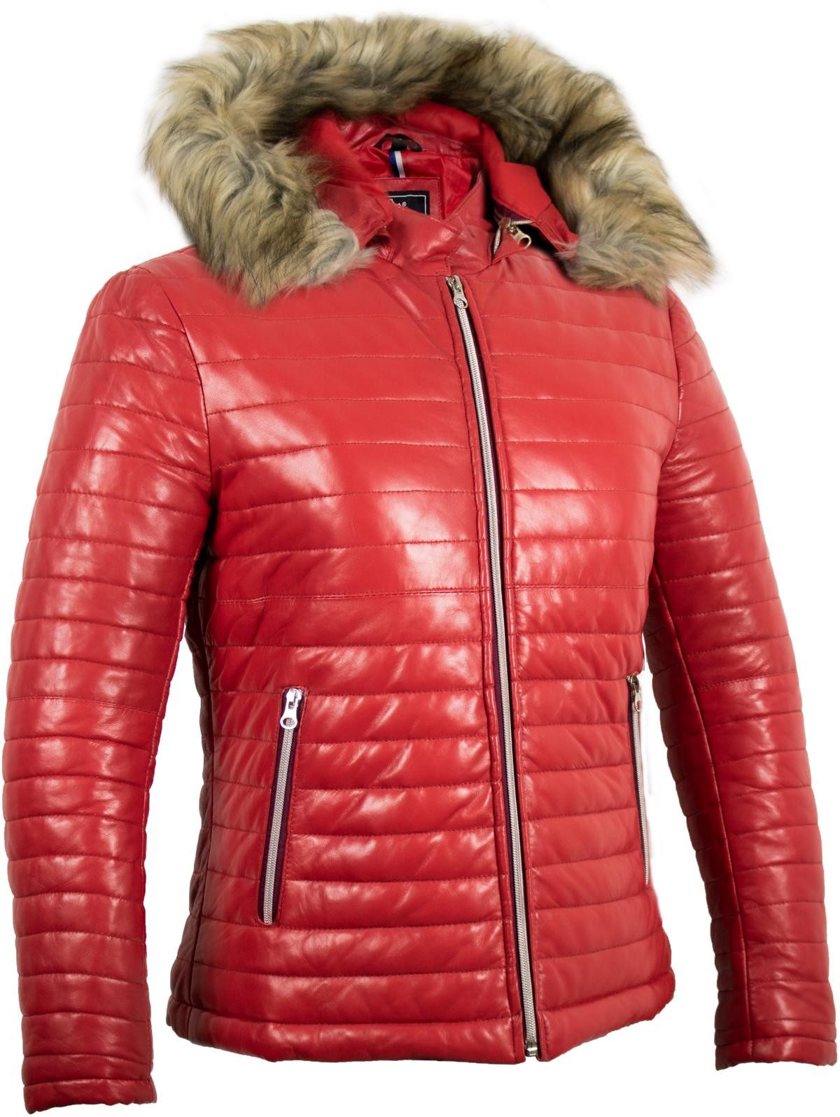 MDM Lederjacke Damen Leder Steppjacke Schwarz Lammleder Slim Fit Fell Kapute, Gesteppt