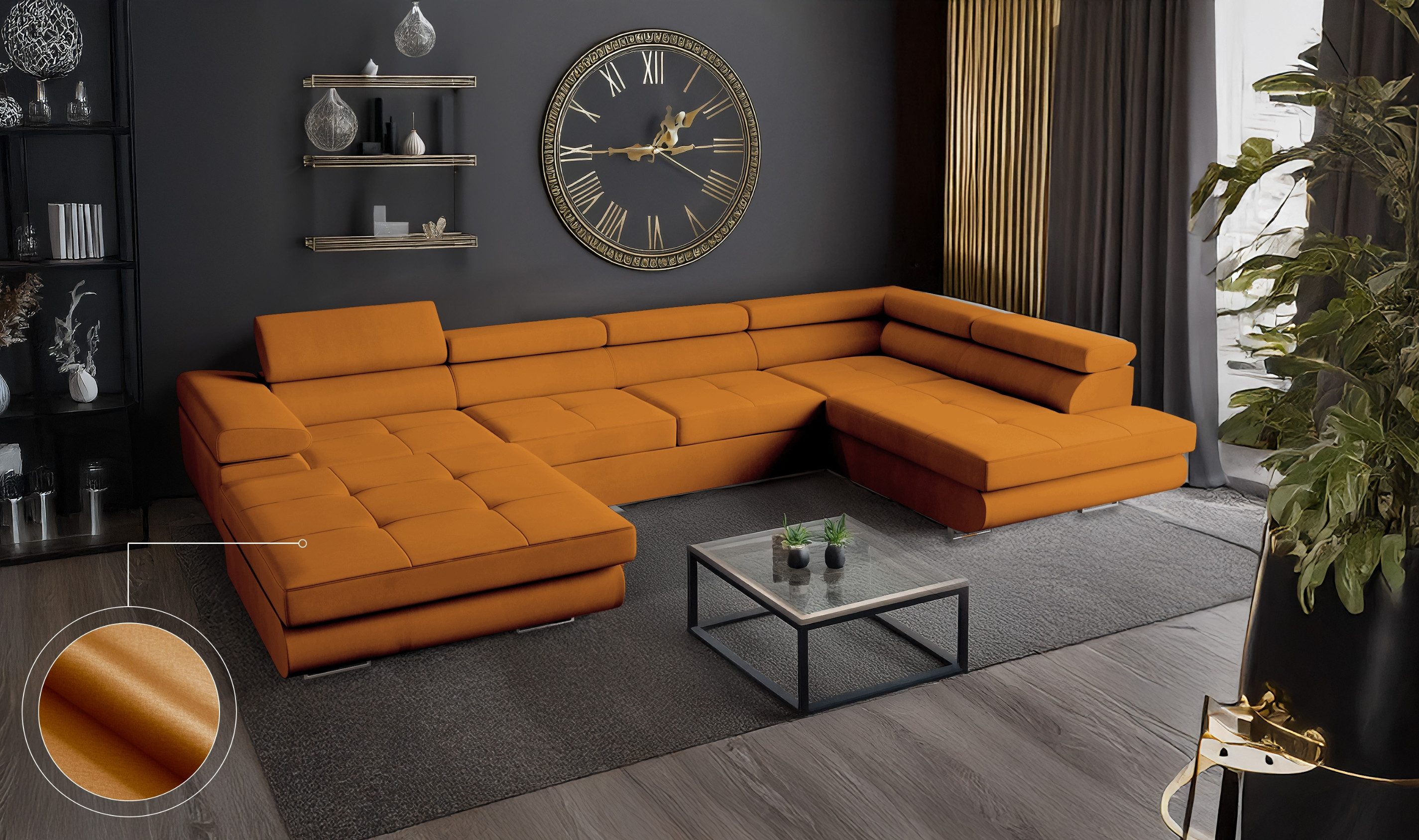Goldstoff Wohnlandschaft mit Schlaffunktion, Couch für günstig online kaufen
