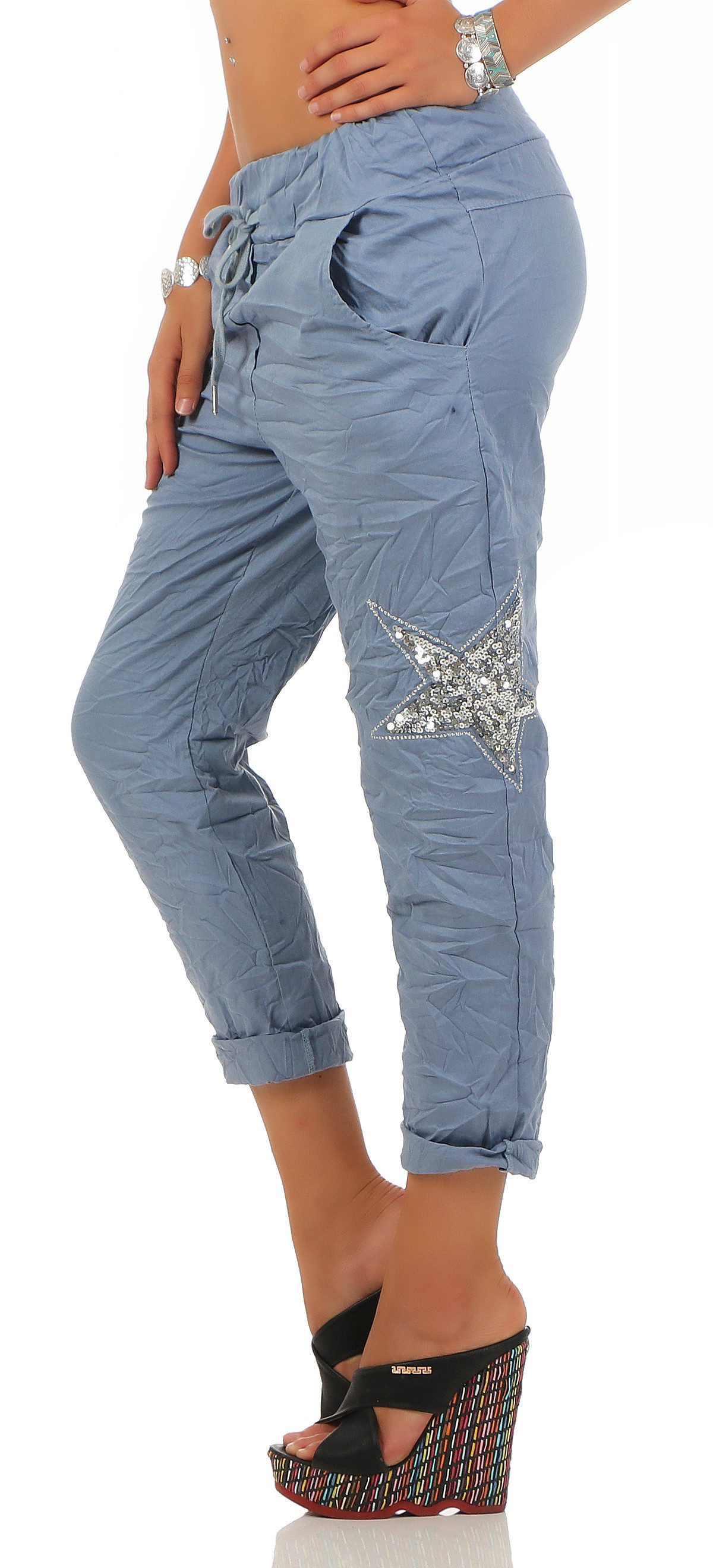 Mississhop Chinohose Trendige Jogger-Hose mit Print & Patches – Bequem