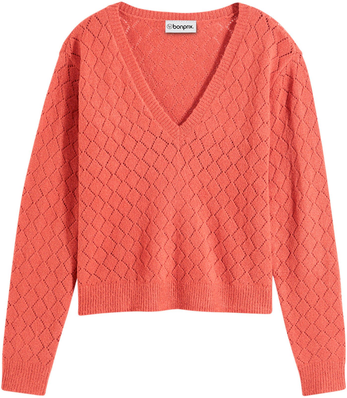 bonprix Ajourpullover bequeme Passform, mit tollem Ajour-Lochmuster, tiefer V-Ausschnitt