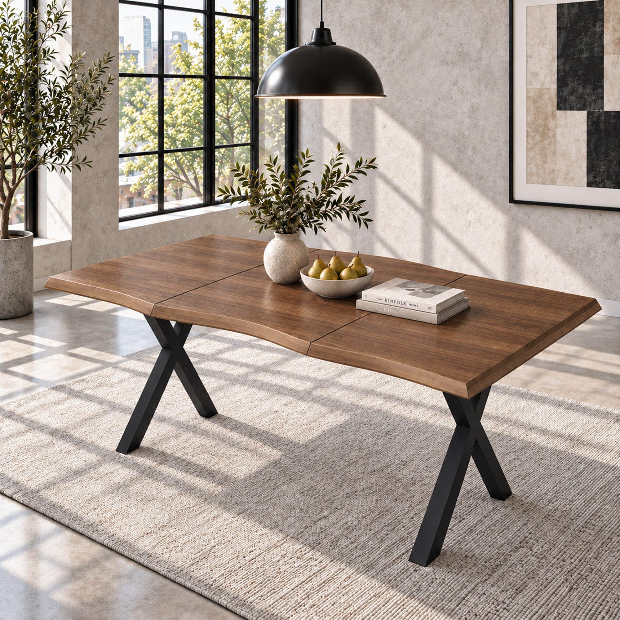Flieks Esstisch Wellenförmiges Tischplattendesign, verdickte Tischplatte 2,8cm (160x78x77 cm, 1-St., 1 Tisch), rechteckig Schreibtisch Bürostisch Walnussholzfar – Bild 3 von 5
