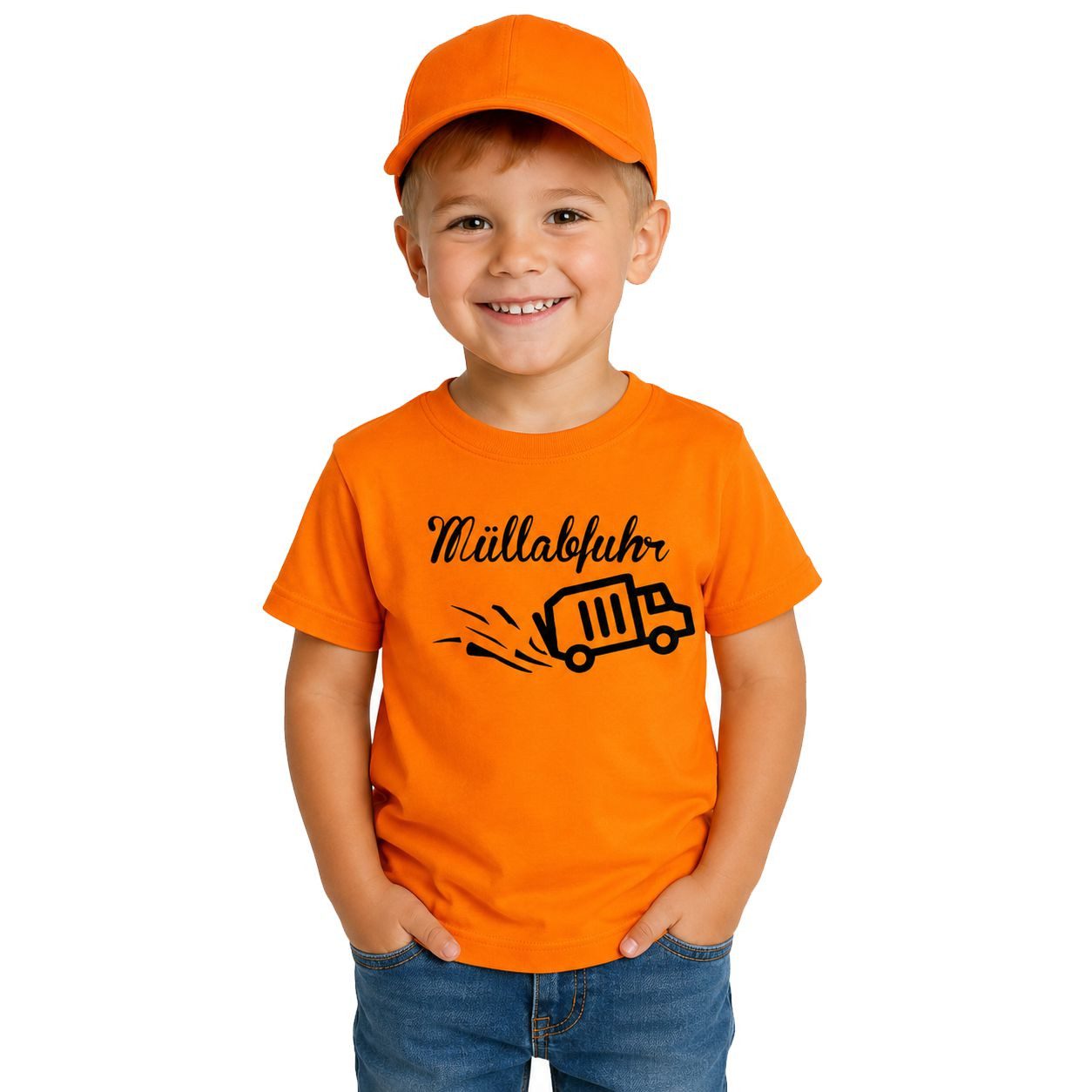 coole-fun-t-shirts Kostüm Kinder Müllabfuhr Set Orange Jungen + Mädchen 2-teilig Kostüm, T-Shirt + Basecap Kinder Kostüm 2 Teile Jungen