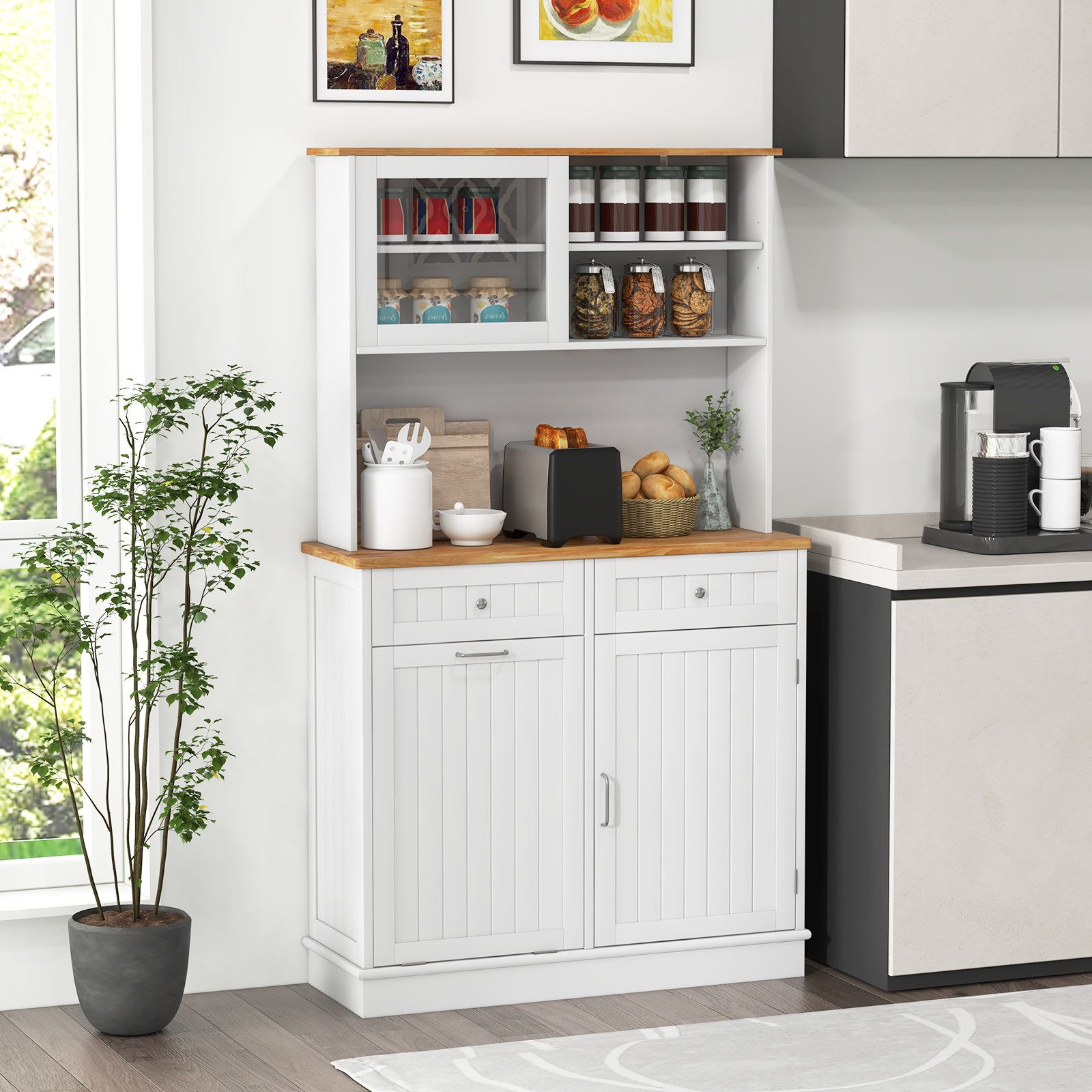 COSTWAY Küchenbuffet für 38L Mülleimer mit Arbeitsplatte, Hochschrank weiß