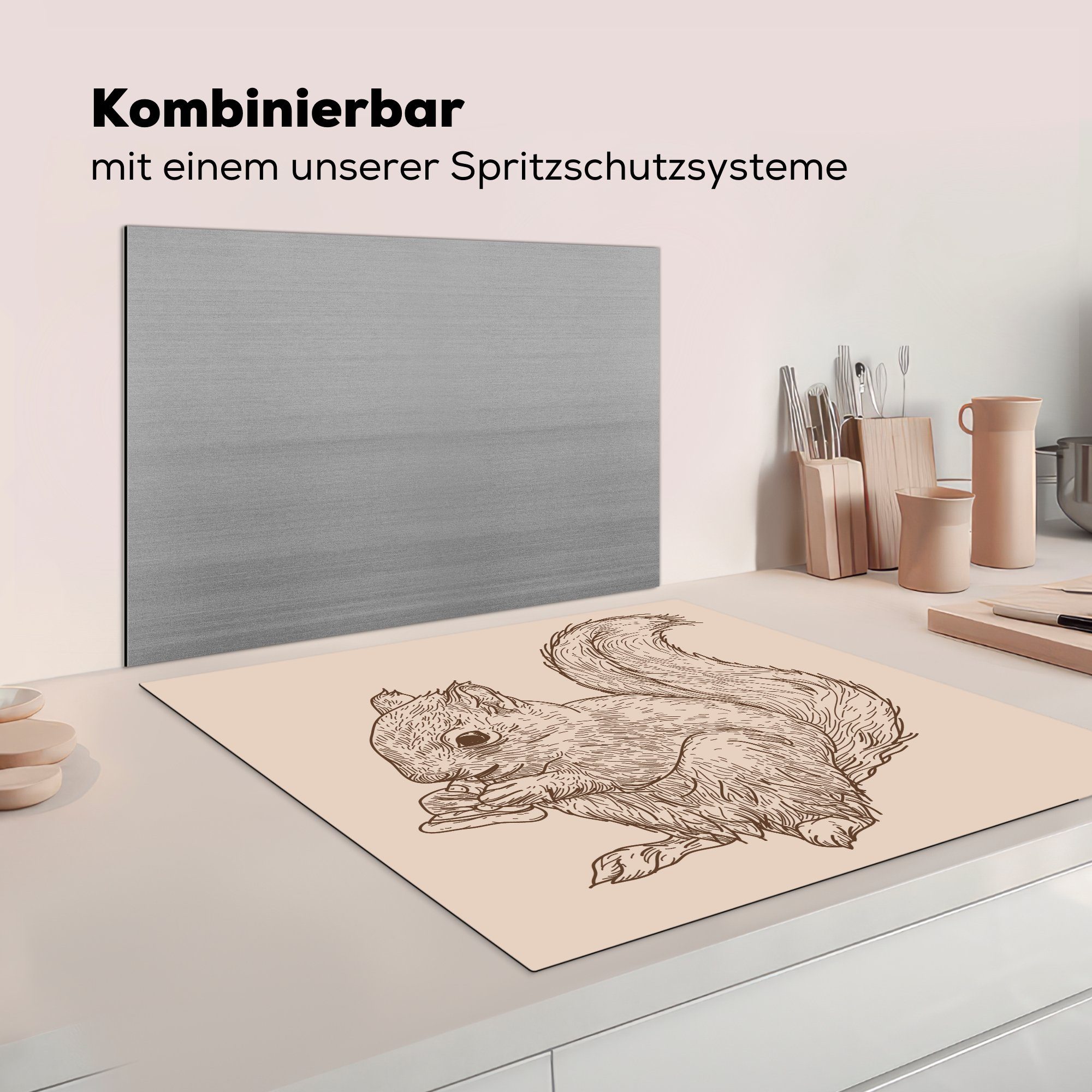 (1 cm, küche Arbeitsplatte tlg), das Herdblende-/Abdeckplatte eines MuchoWow für Illustration Ceranfeldabdeckung, 78x78 isst, Eine Pizza Vinyl, Eichhörnchens,