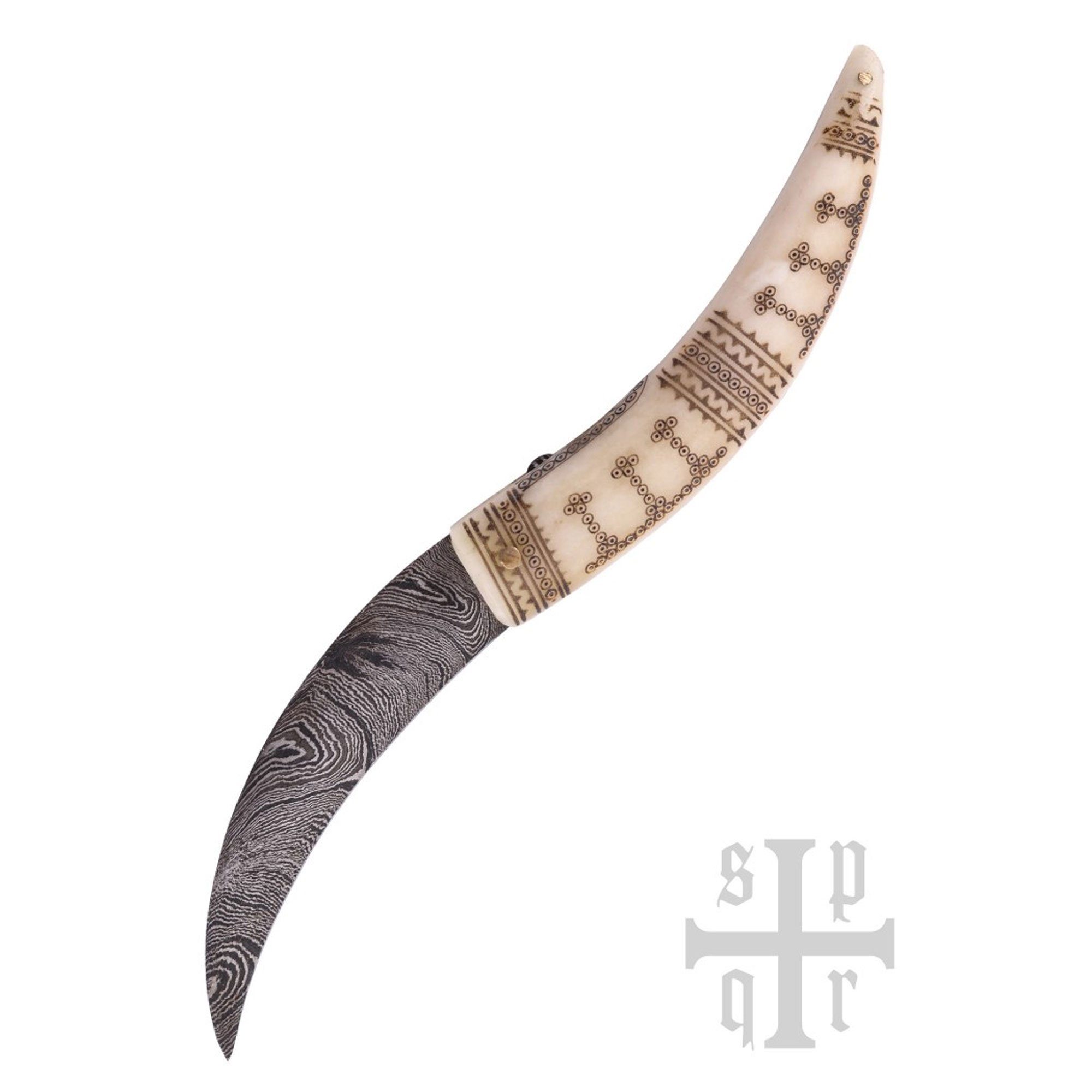 Battle Merchant Universalmesser Wikinger-Taschenmesser aus Damaststahl mit Knochengriff