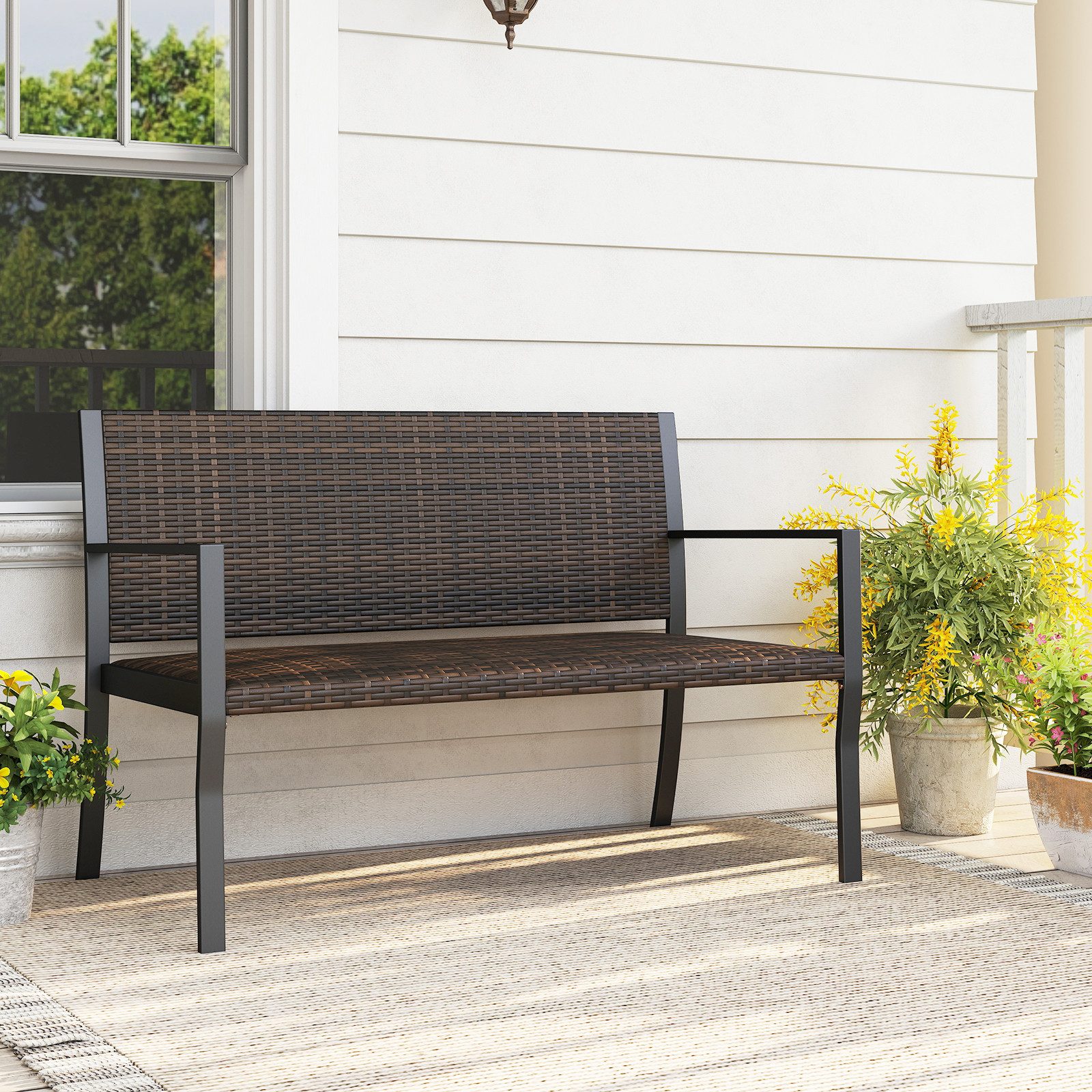 COSTWAY Gartenbank, wetterfest, Polyrattan Sitzbank mit gepolsterter Sitz 360kg