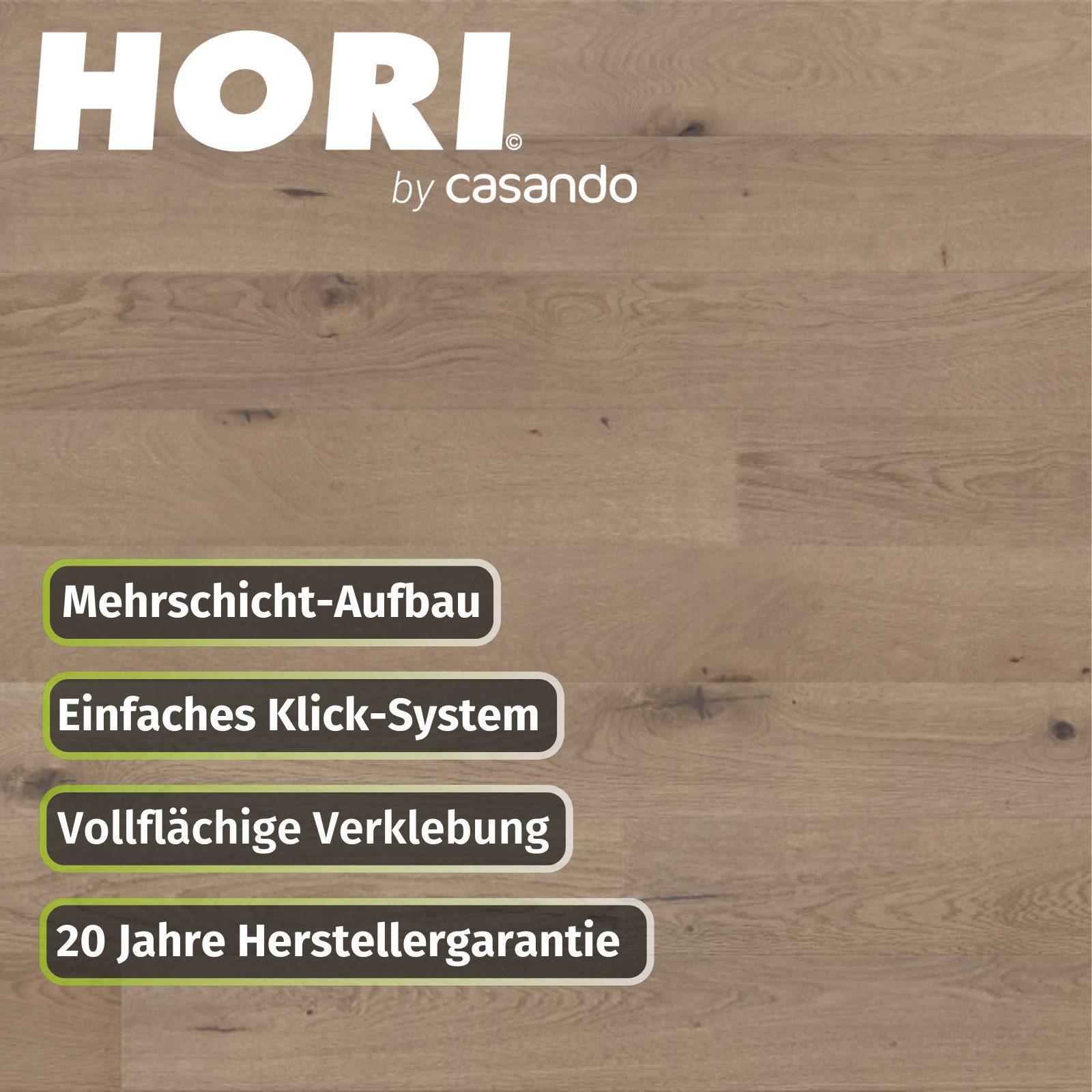 HORI Parkett HORI Parkett Eiche, Boden für Wohnräume, einfache Verlegung langlebig, 7 St., 7 Stück Pro Paket, 3-Schichtig, schwimmende Verlegung, vollflächige Verklebung