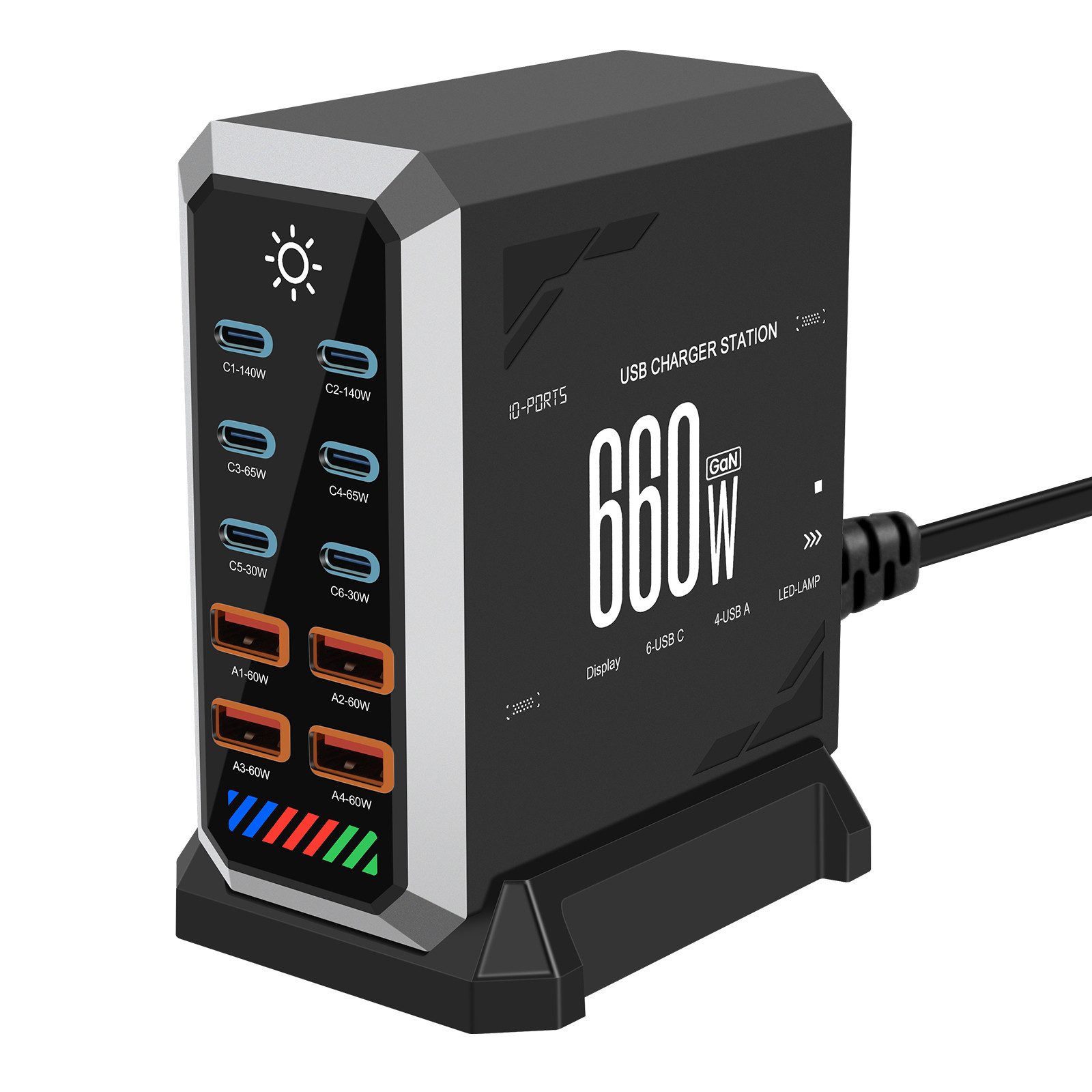 Insma 660W GaN USB-Ladegerät (10-Port (6x USB-C + 4x USB-A) PD 3.1 Smartphone Schnellladegerät, Desktop Ladestation mit LED-Anzeige)