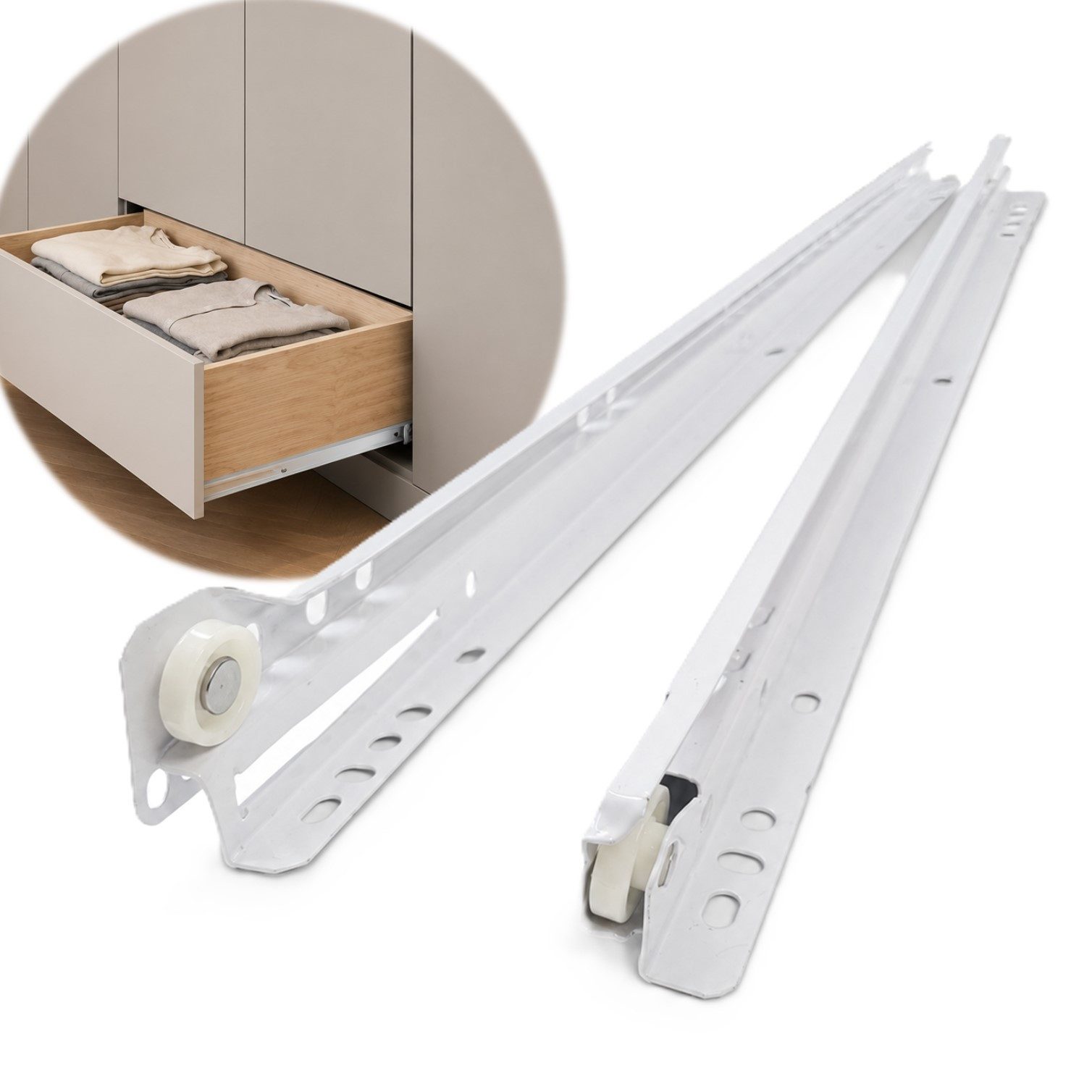 HOOZ Auszug Schubladenschienen 300mm 1 Paar Rollschubführung Teilauszug Weiß (1-teiliges Set, 1 St., 1 Paar (4 Schienen) für 1 Schublade), Teilauszug mit Rollführung, Ausrollsicherung und Herausfallsicherung