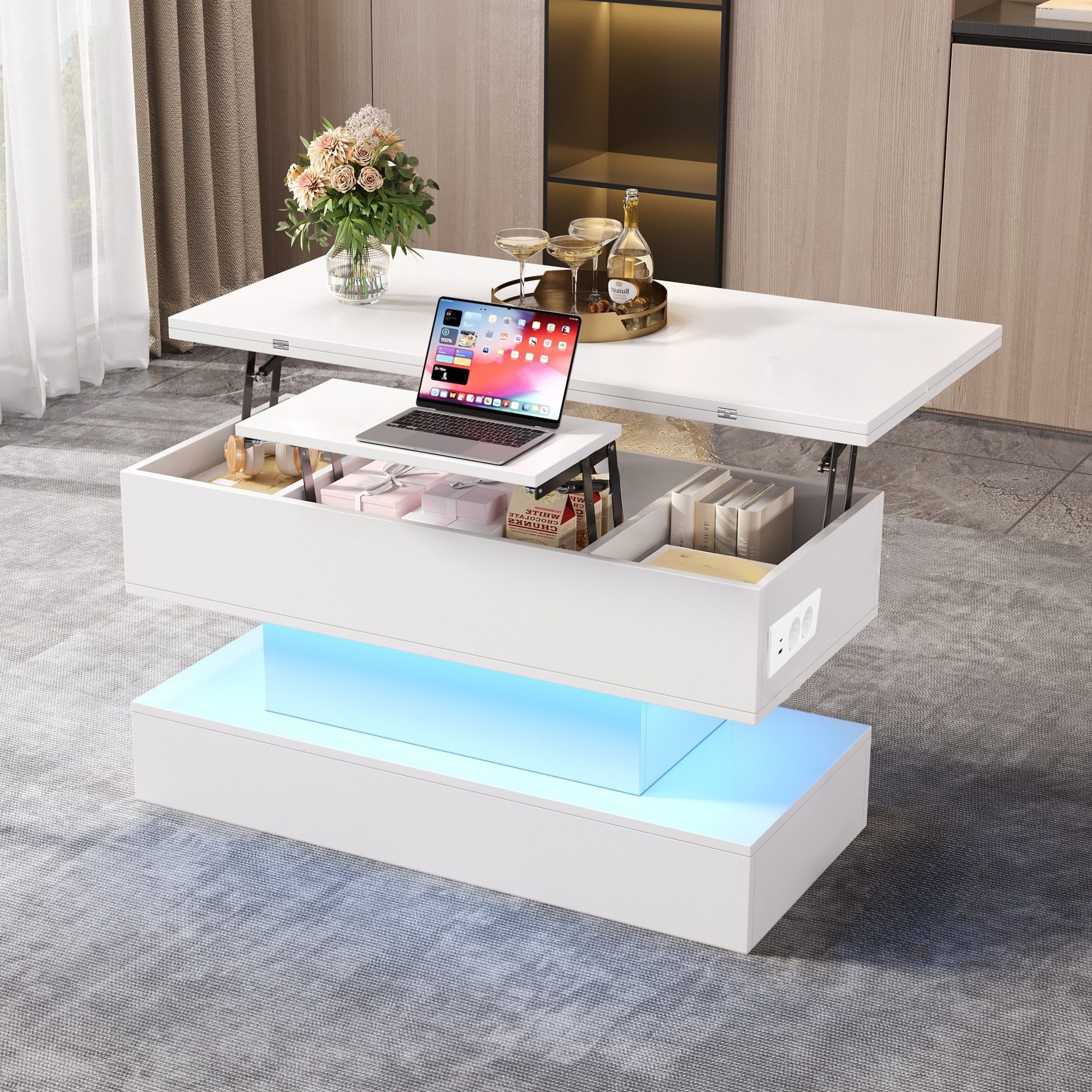 KLAM HOME Couchtisch Multifunktionaler Couchtisch mit Steckdose und LED-Beleuchtung (Höhenverstellbarer Sofatisch mit verstecktem Stauraum), Eleganter Beistelltisch in modernem Weiß