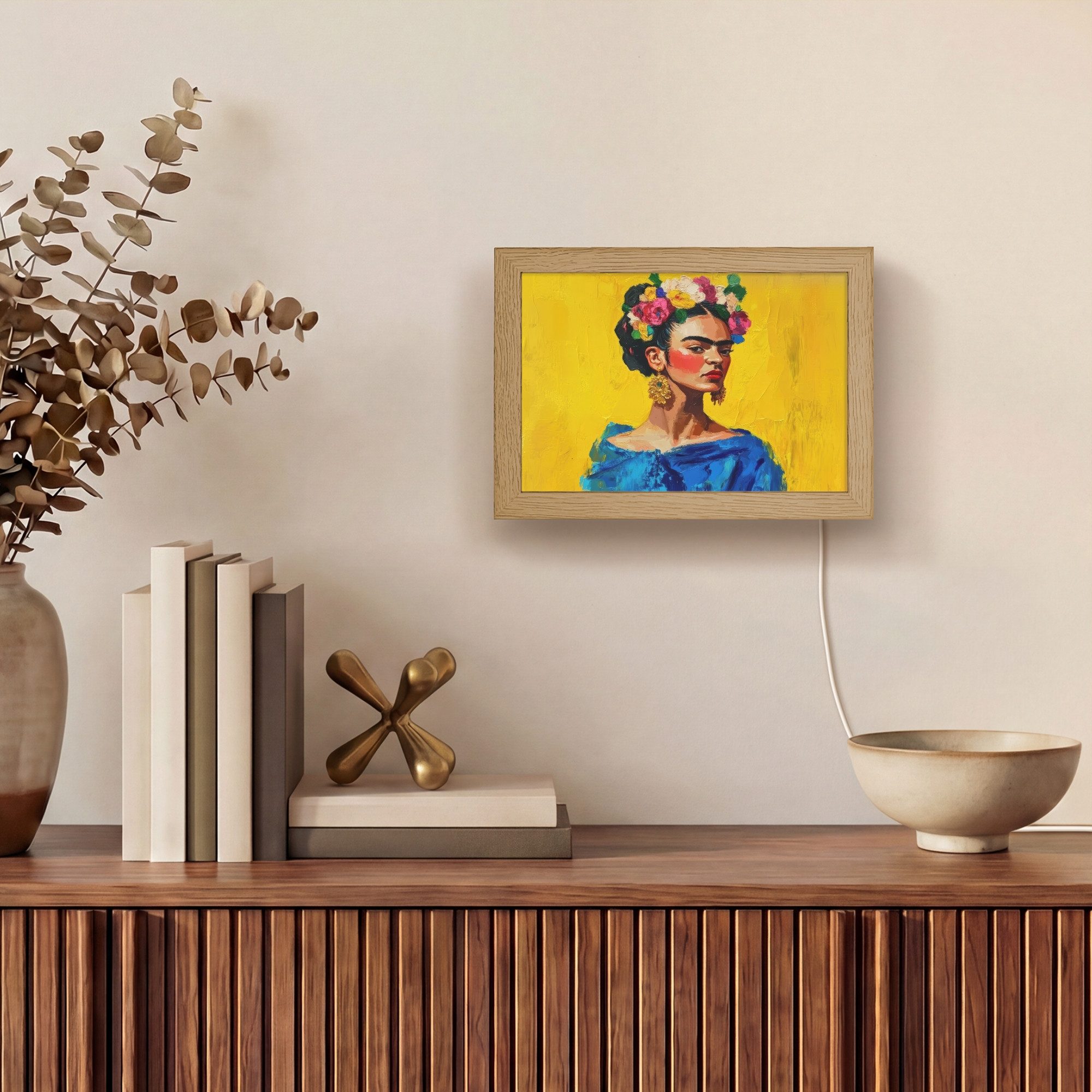 OnlyWow Wandleuchte Lightbox Frida Kahlo - Frau - Gelb - Blau - Blumen, Dimmbar, Farbwechsel, LED, Warmweiß, Kaltweiß, Neutralweiß Einstellbar, Wandlampe Innen, – Bild 4 von 5