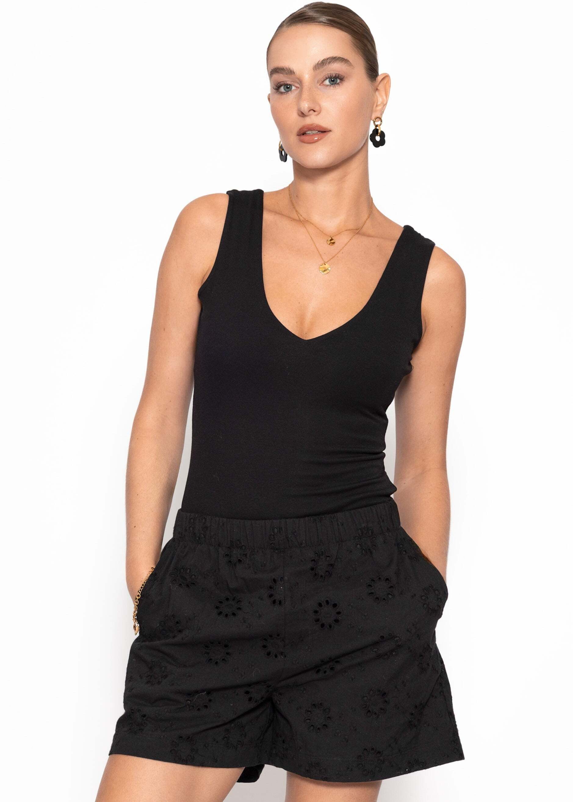 SASSYCLASSY Body Ärmelloser Body mit V-Ausschnitt für Damen Figurbetonter Body aus elastischem Viskose-Mix mit Druckknöpfen