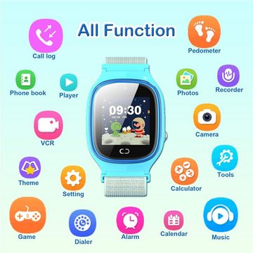 PTHTECHUS Fur für Jungen Mädchen Schrittzähler Kind Armbanduhr Touchscreen Smartwatch (1.57 Zoll, Android iOS), mit Anrufe, 7 Spiele, Schulmodus, SOS-Funktion, Musik, Kamera, Wecker