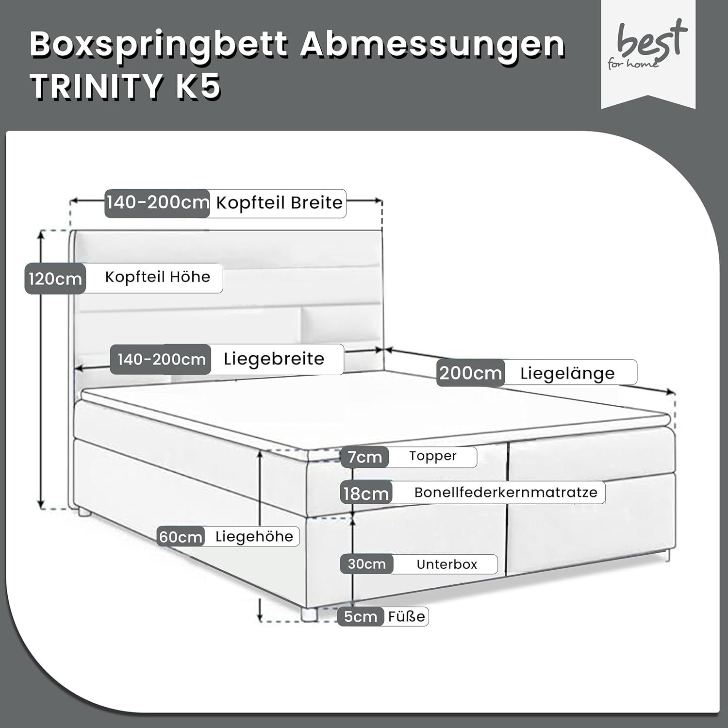 Best for Home Boxspringbett mit Stauraum Doppelbett Trinity K-5 Topper 7-Zonen Komfort – modern (Komplett-Set, 1-St., 140x200 160x200 180x200 200x200 cm), Handwerksqualität, TOP Preis-Leistungs-Verhältnis
