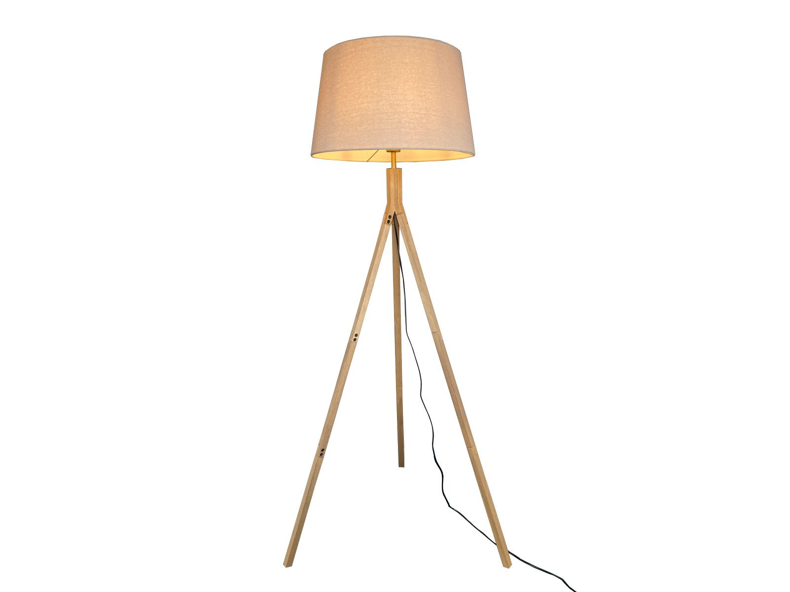meineWunschleuchte Stehlampe Holz Dreibein & Schirm Beige, Höhe 157cm, ohne Leuchtmittel, Tripod Stehlampe, Wohnzimmer Holz-Lampe skandinavisch stehend