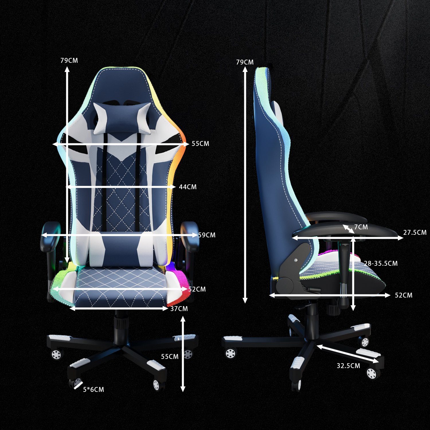 GUNJI Chair 150 Stuhl für kg Gaming Blau Gaming Belastbarkeit, Bürostuhl LED, mit PU-Leder